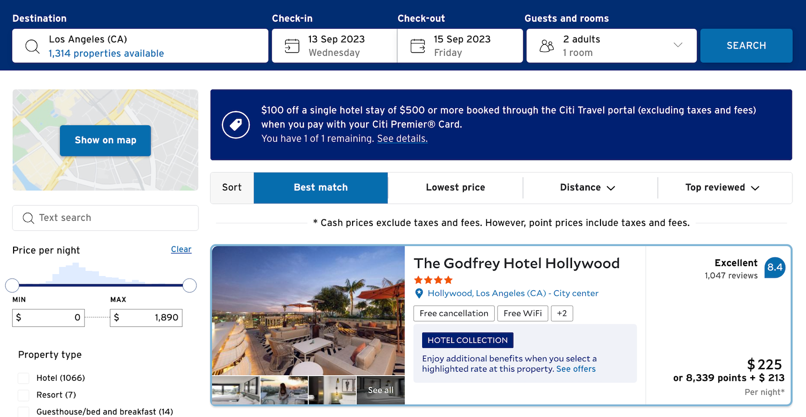 hotel search results for Los Angeles in a travel portal with the top property showing a label that it's in Citi's Hotel Collection