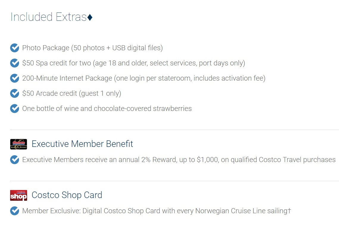 Screenshot of extras included in Costco cruise booking