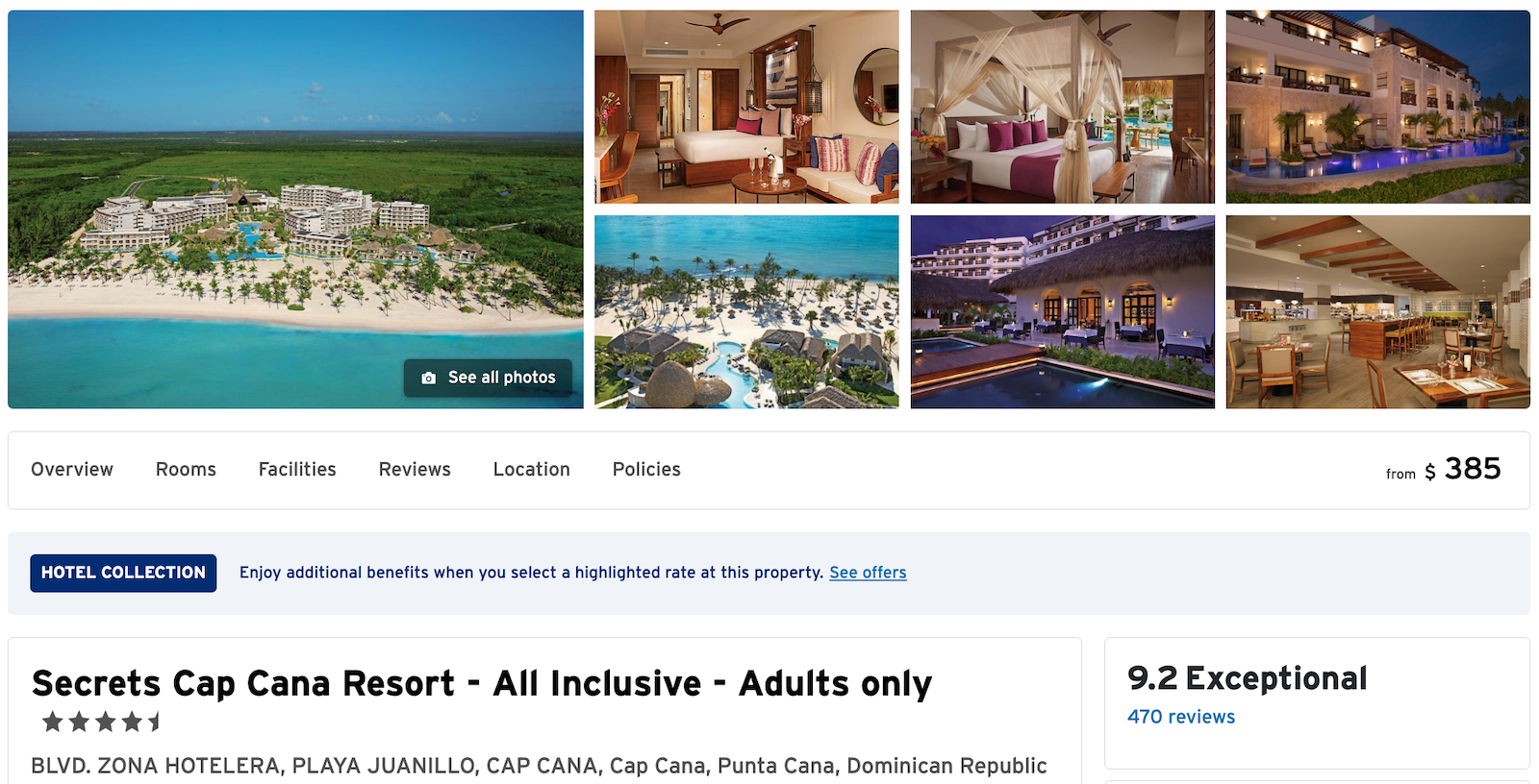 photos and general information for a hotel booking at an all-inclusive property with Citi's Hotel Collection