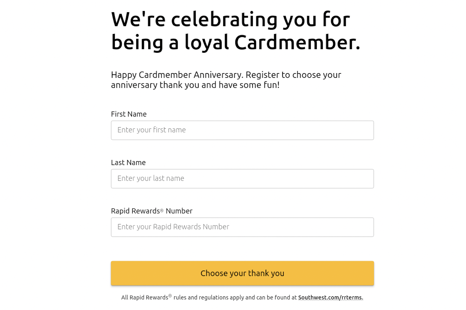 data fields for name and loyalty number on a Southwest promotional page