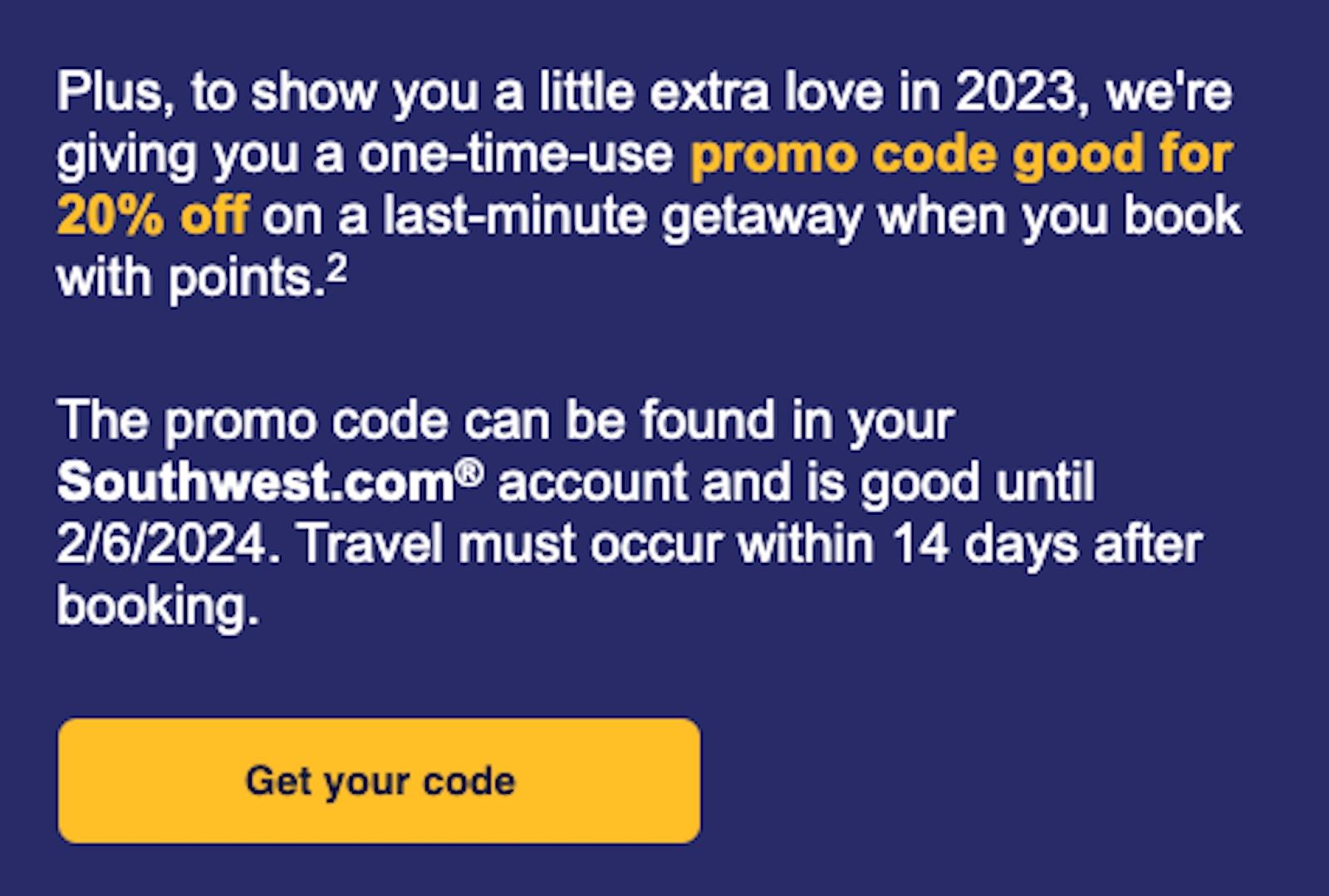 email text offering discount code for a Southwest credit cardholder