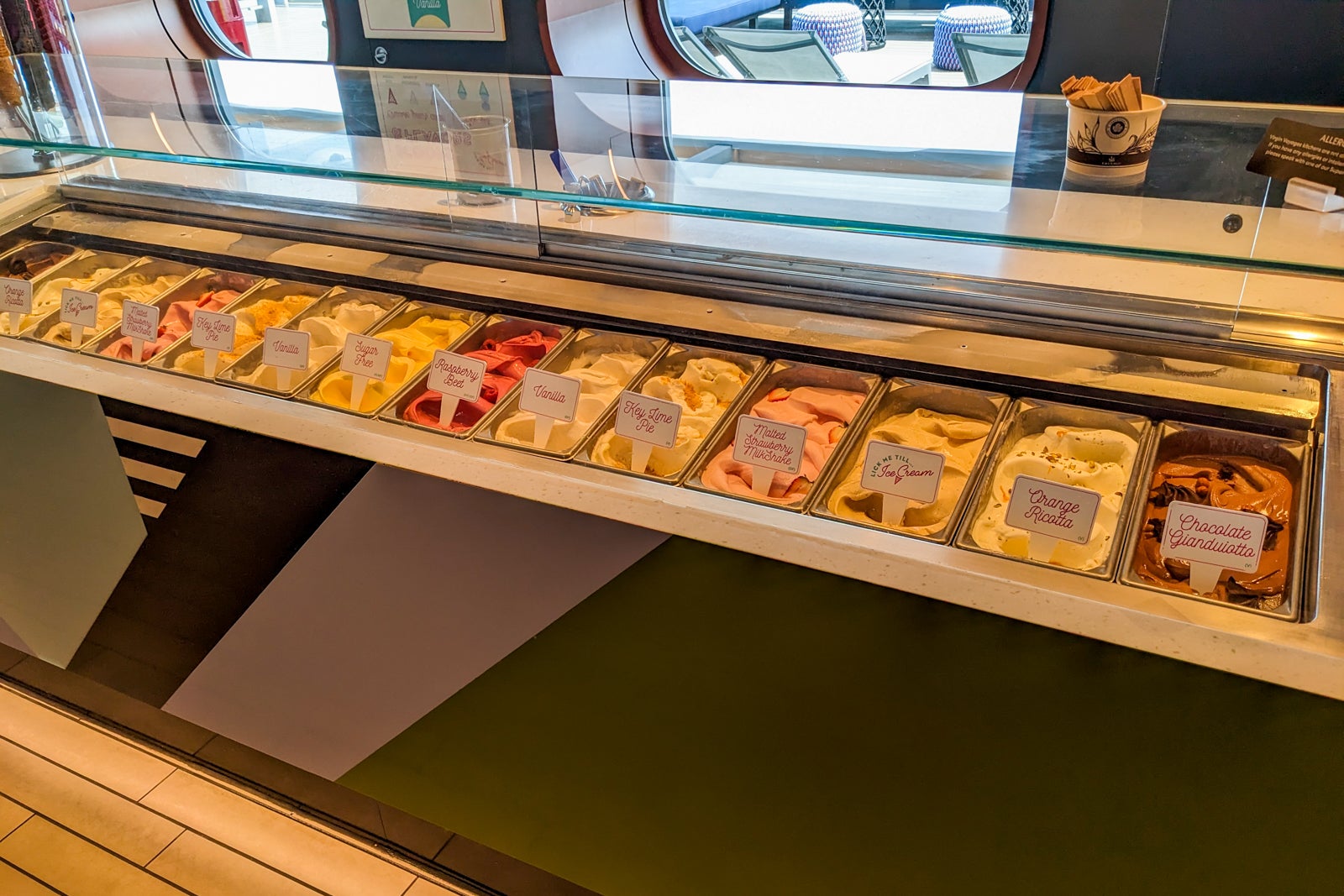 Row of ice cream flavors.