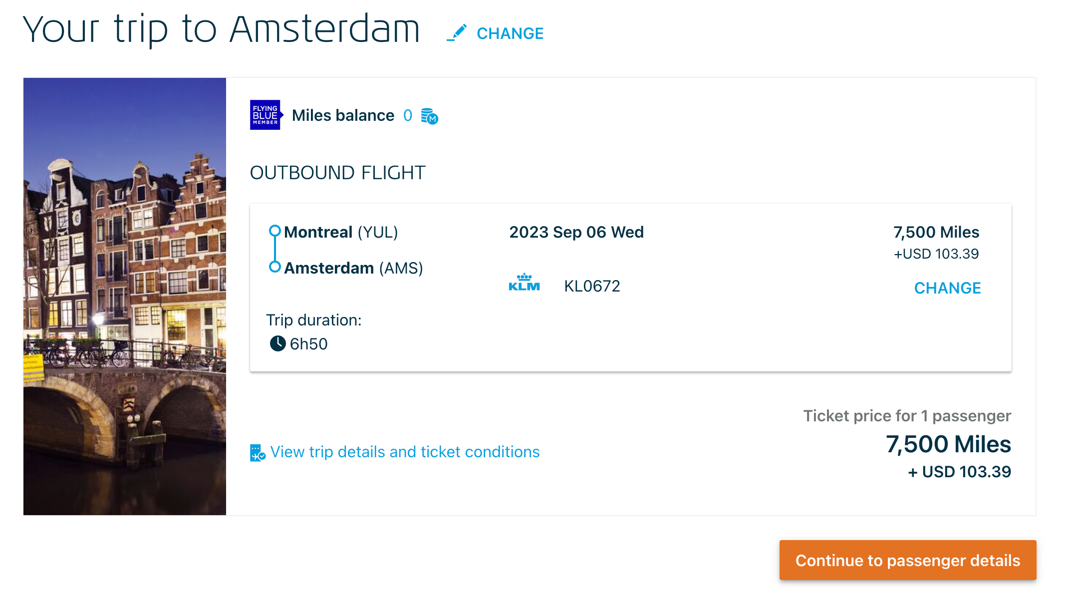 KLM flight to Amsterdam for 7,500 Flying Blue Miles.