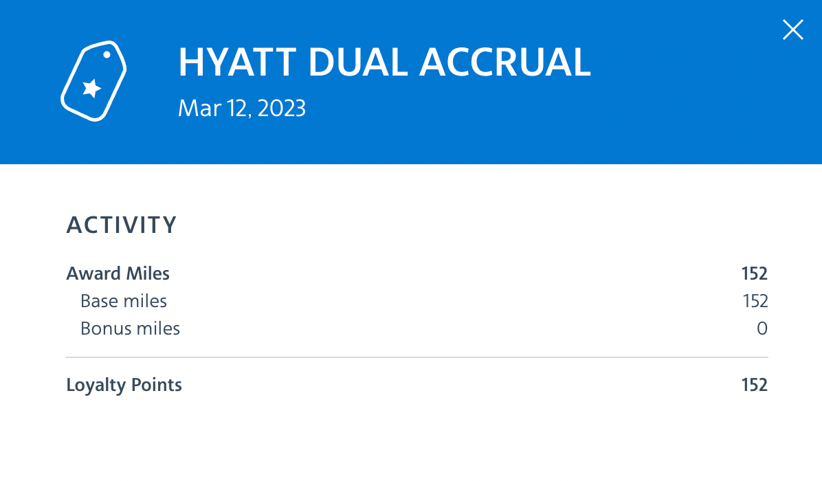 Online activity from AA.com showing miles earned from a Hyatt hotel stay