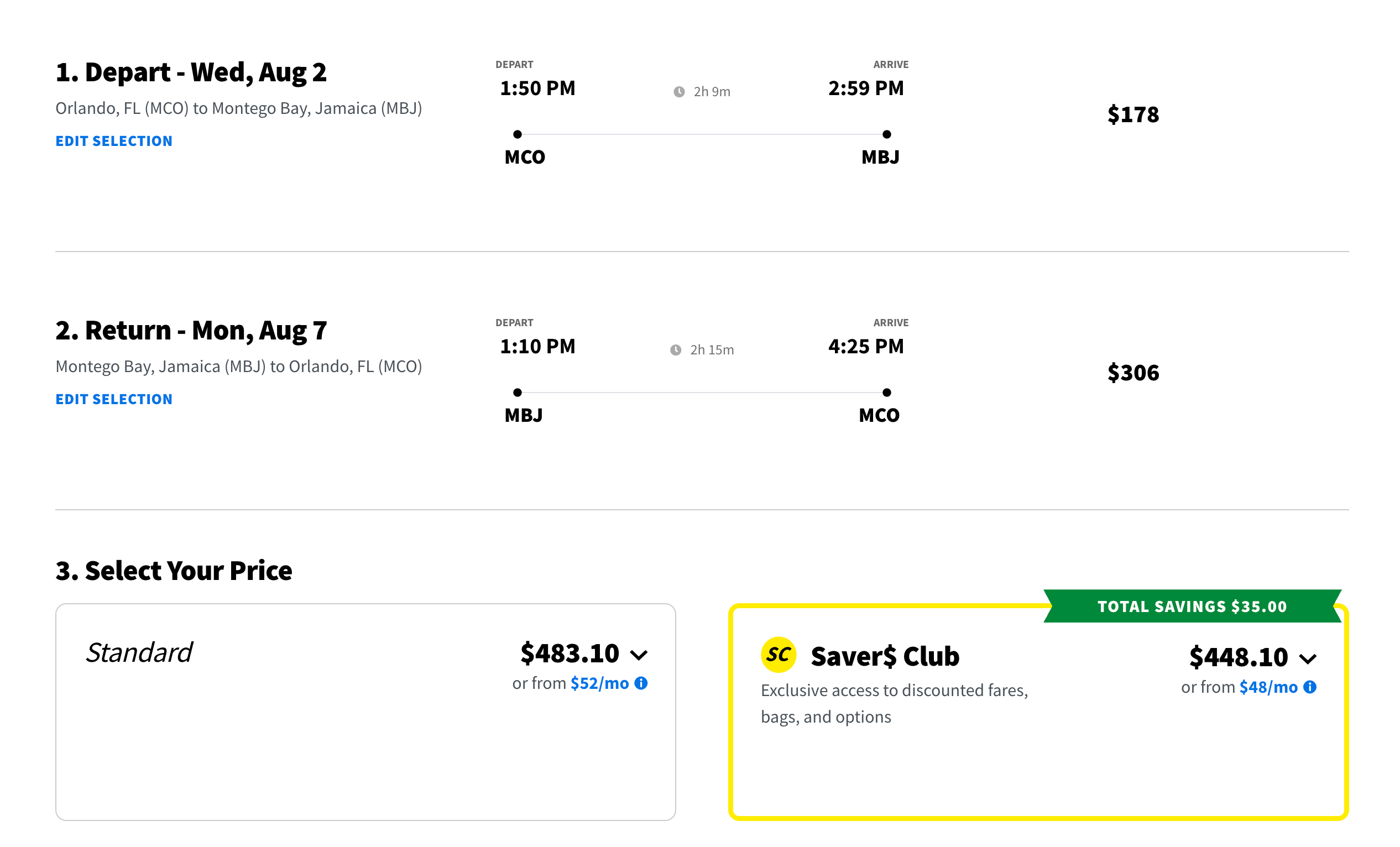 Pricing for a round-trip Spirit Airlines flight from Orlando to Montego Bay, Jamaica in August 2023
