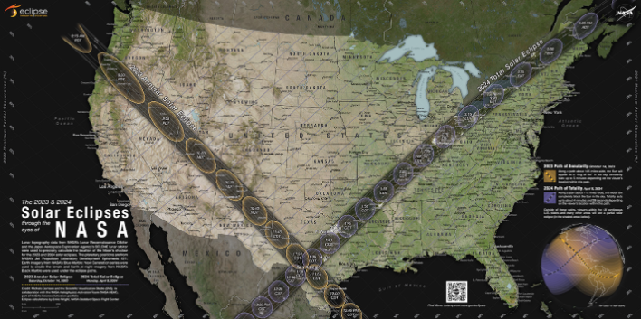 A map showing where the Moon’s shadow will cross the U.S. during the 2023 annular solar eclipse and 2024 total solar eclipse. 