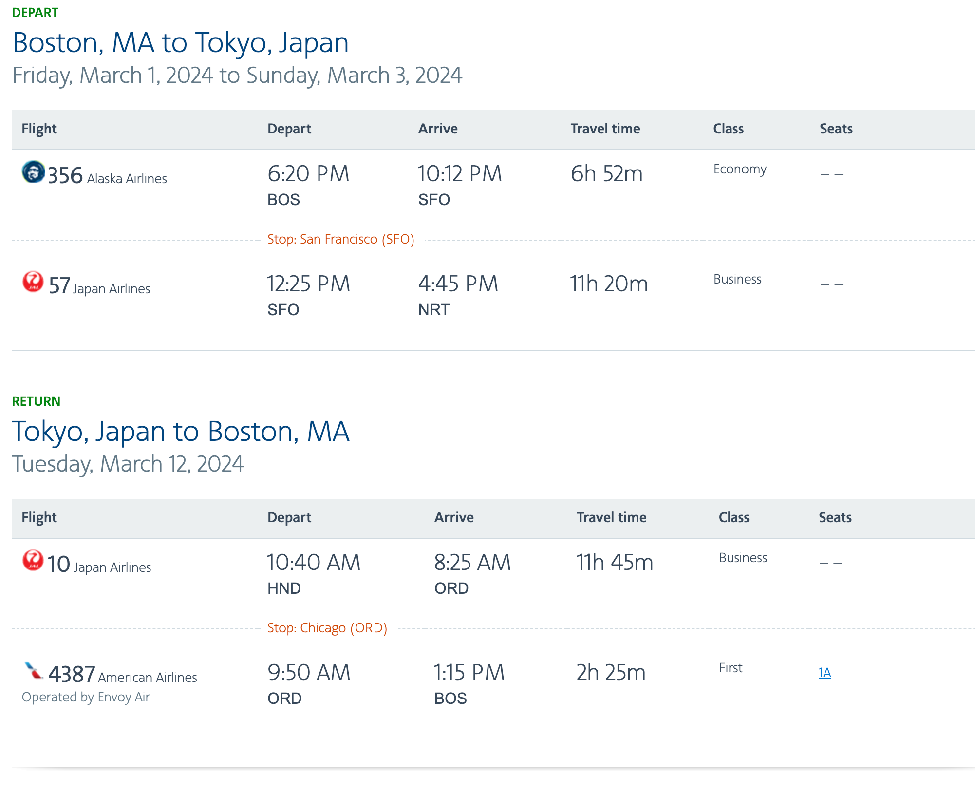 Booking American Airlines awards from Boston to Tokyo. AA.COM
