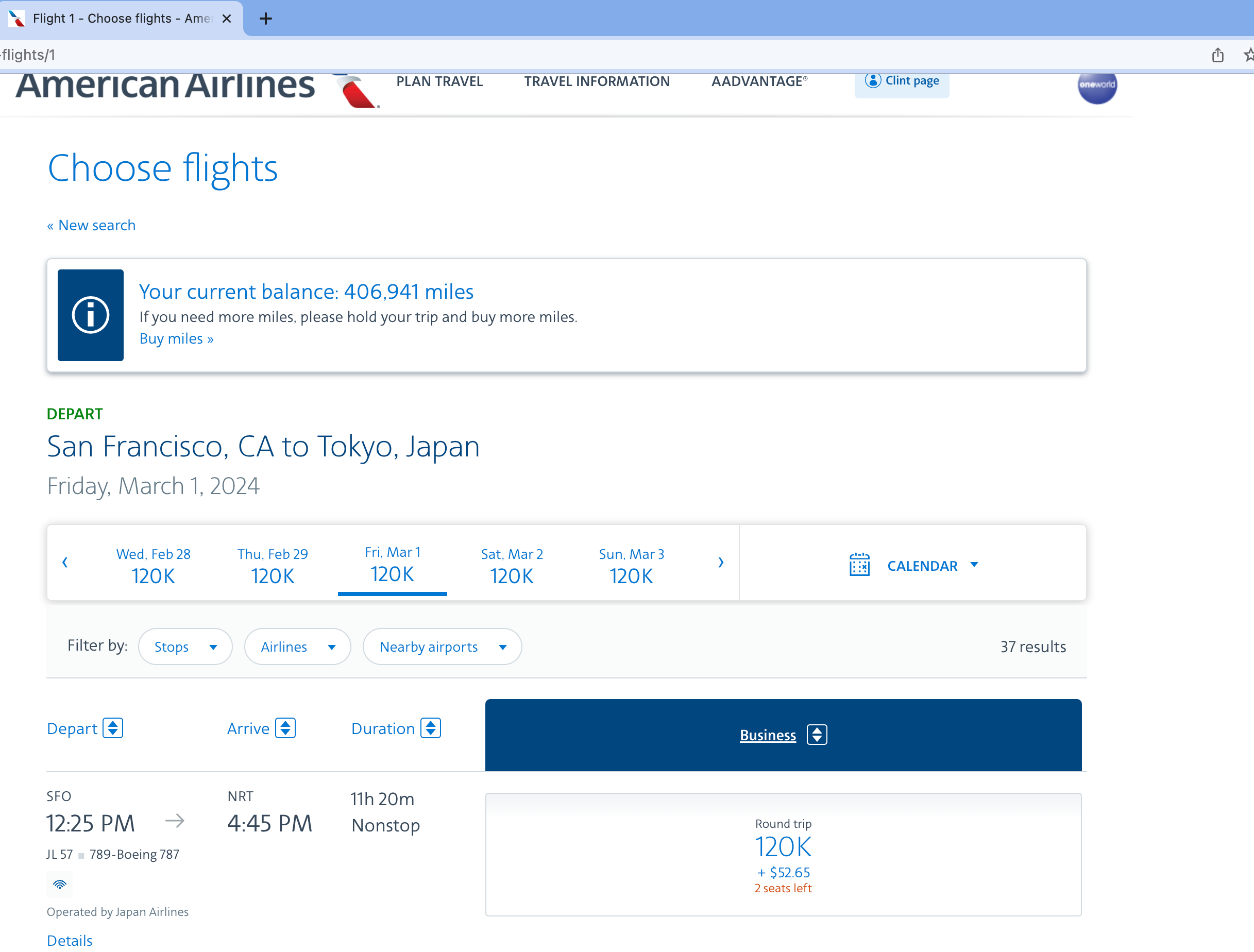 Award availability for business class flights to Japan. 