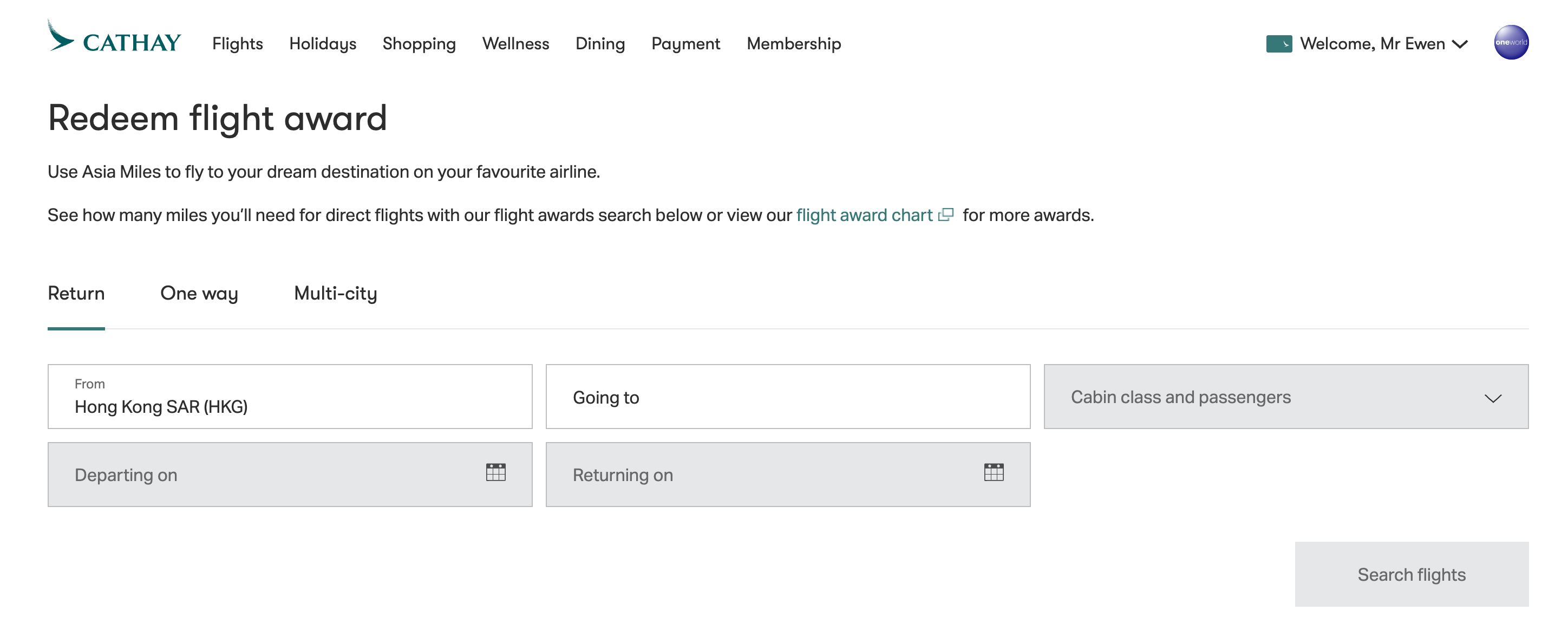 The flight award search homepage for Cathay Pacific Asia Miles