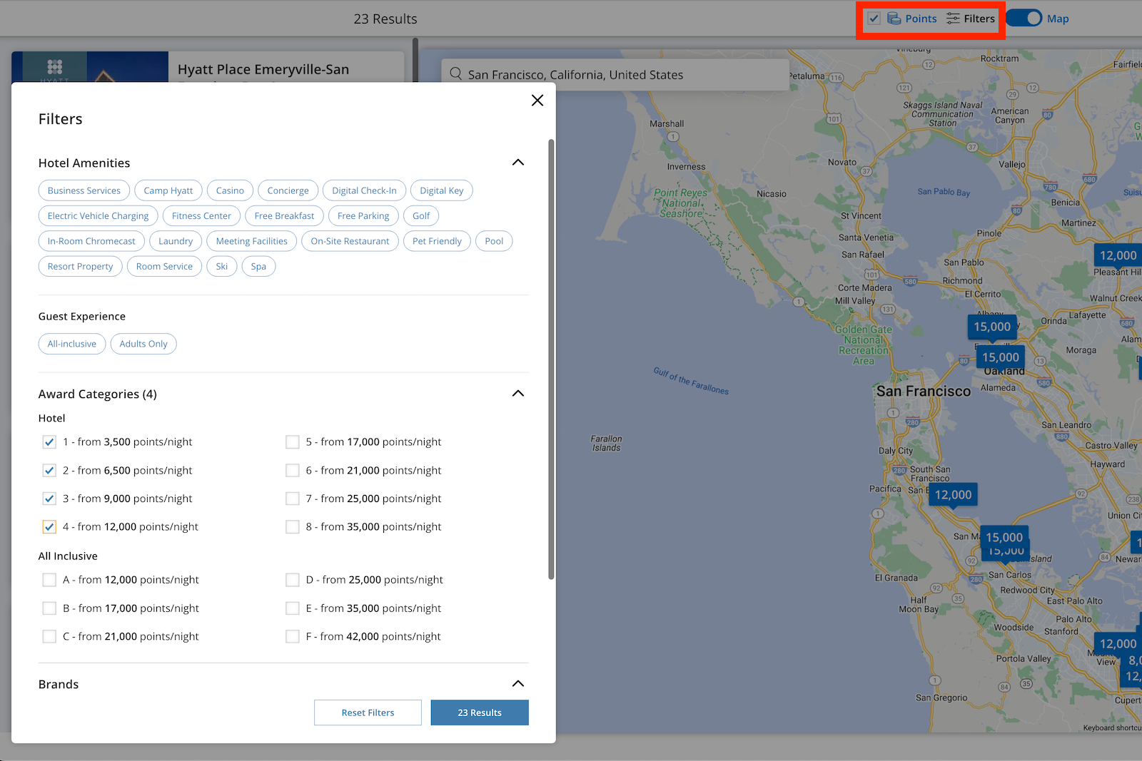 Hotel results filtering options on Hyatt website