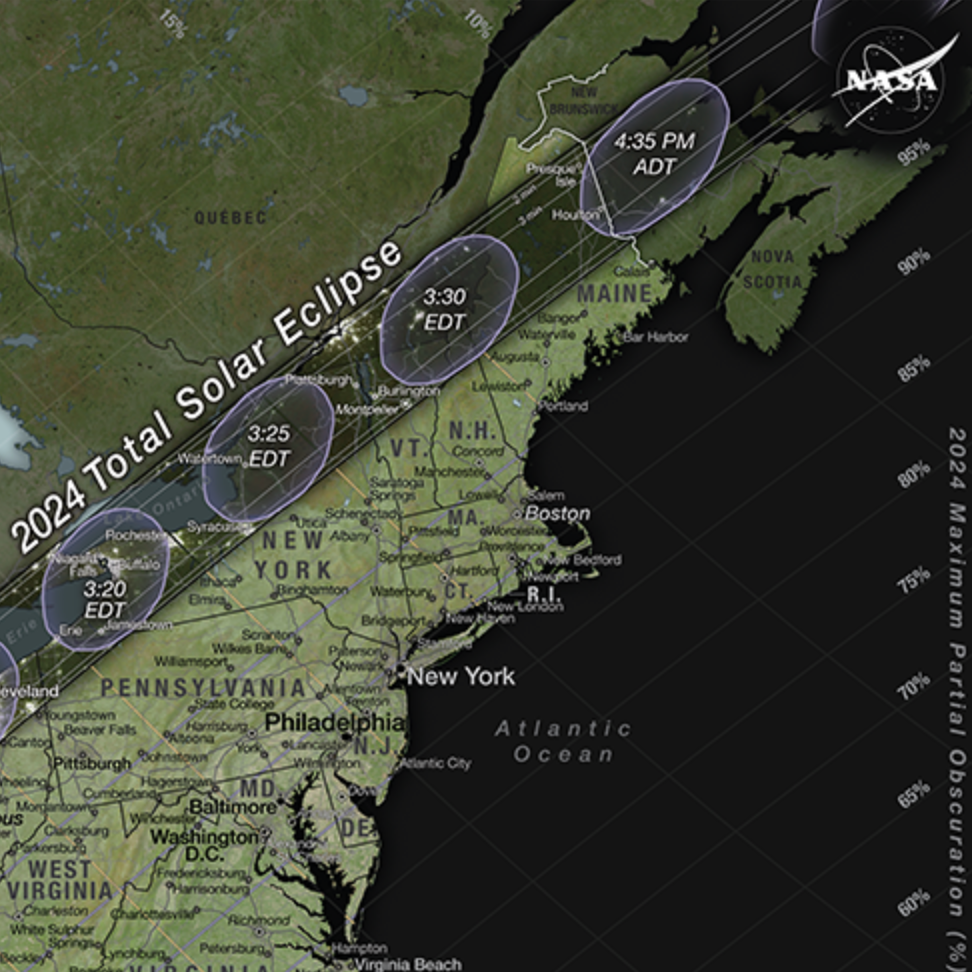 Path of the 2024 total solar eclipse in the Northeast United States. 