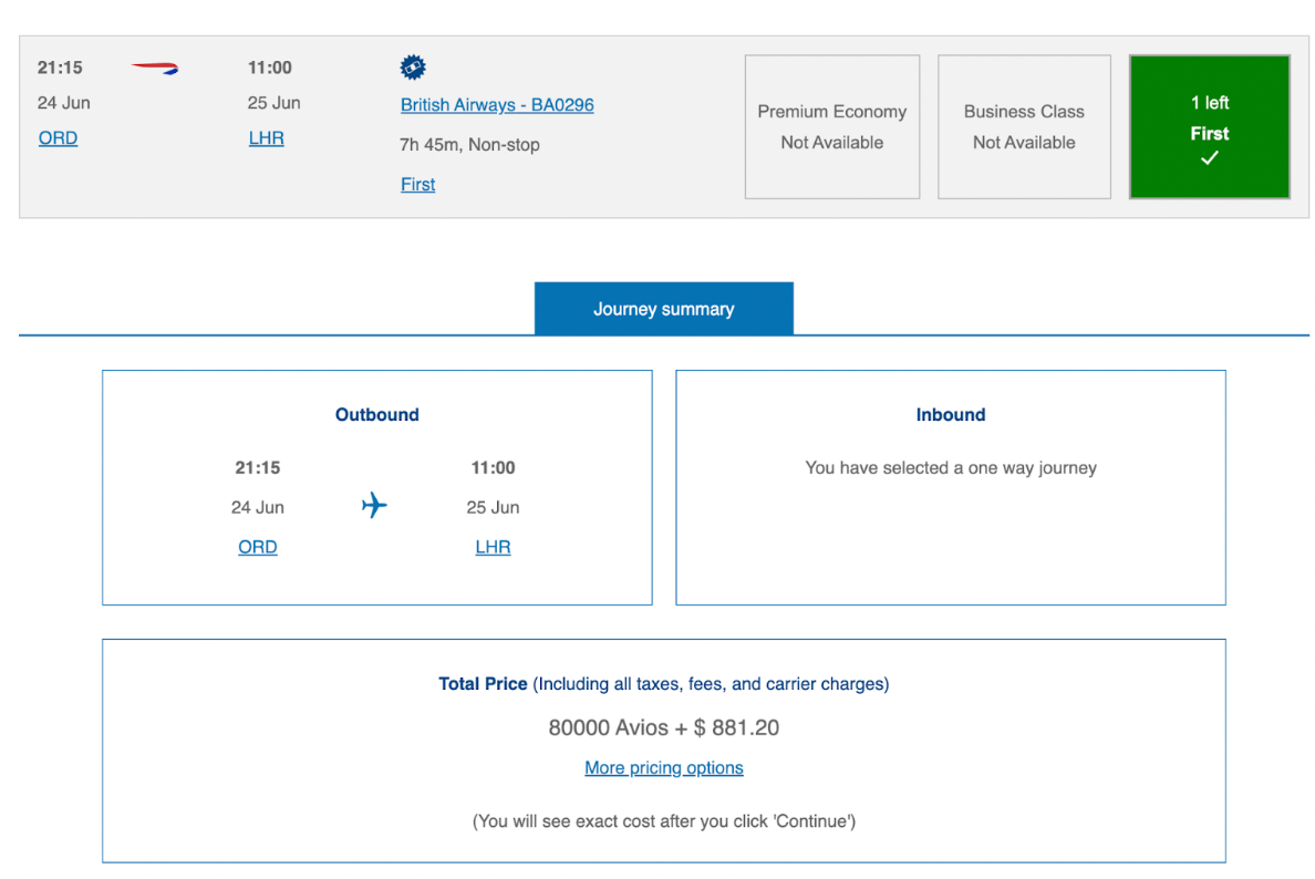 British Airways first class ORD to LHR