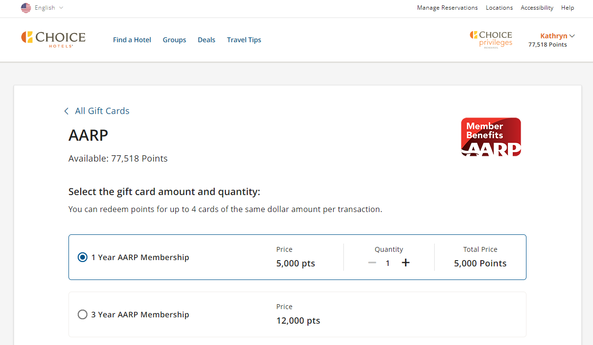 Redeem Choice points for AARP membership