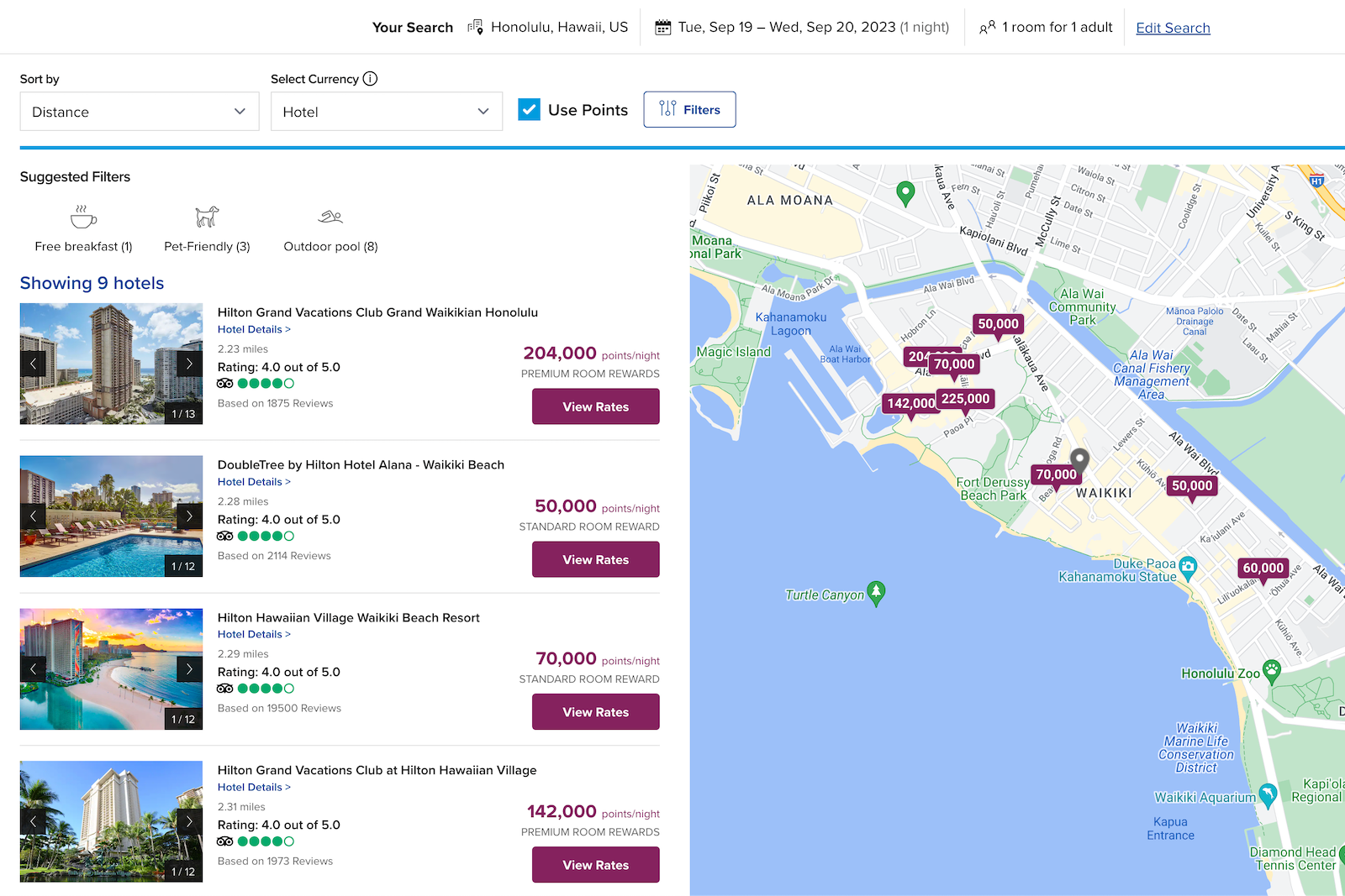 hotel search using Hilton points in Honolulu