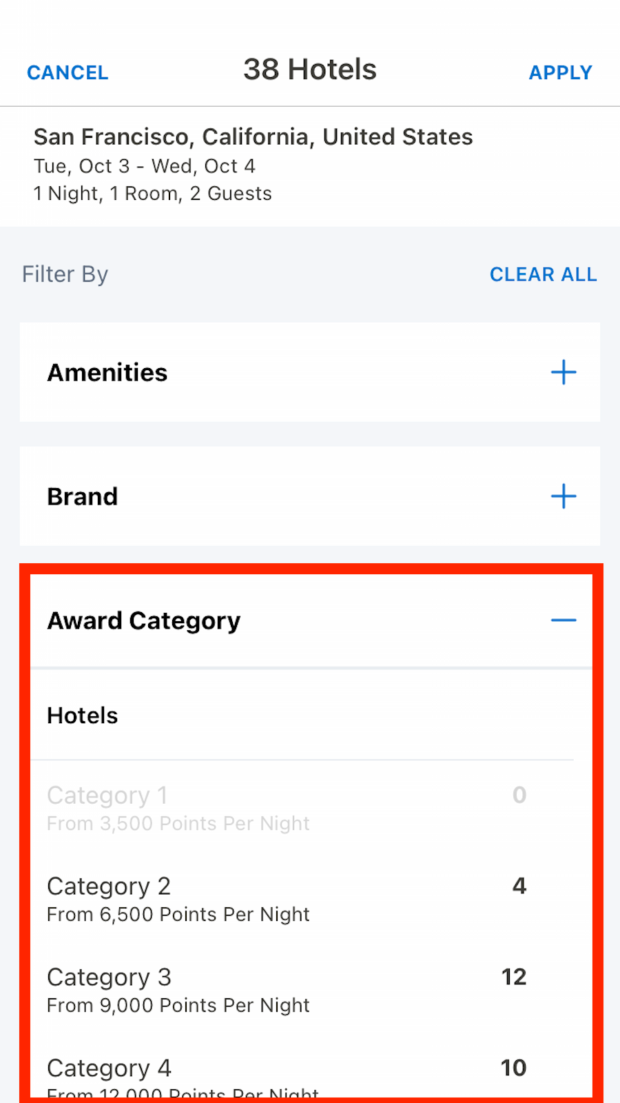 screenshot for World of Hyatt app for award search showing where to choose hotel categories