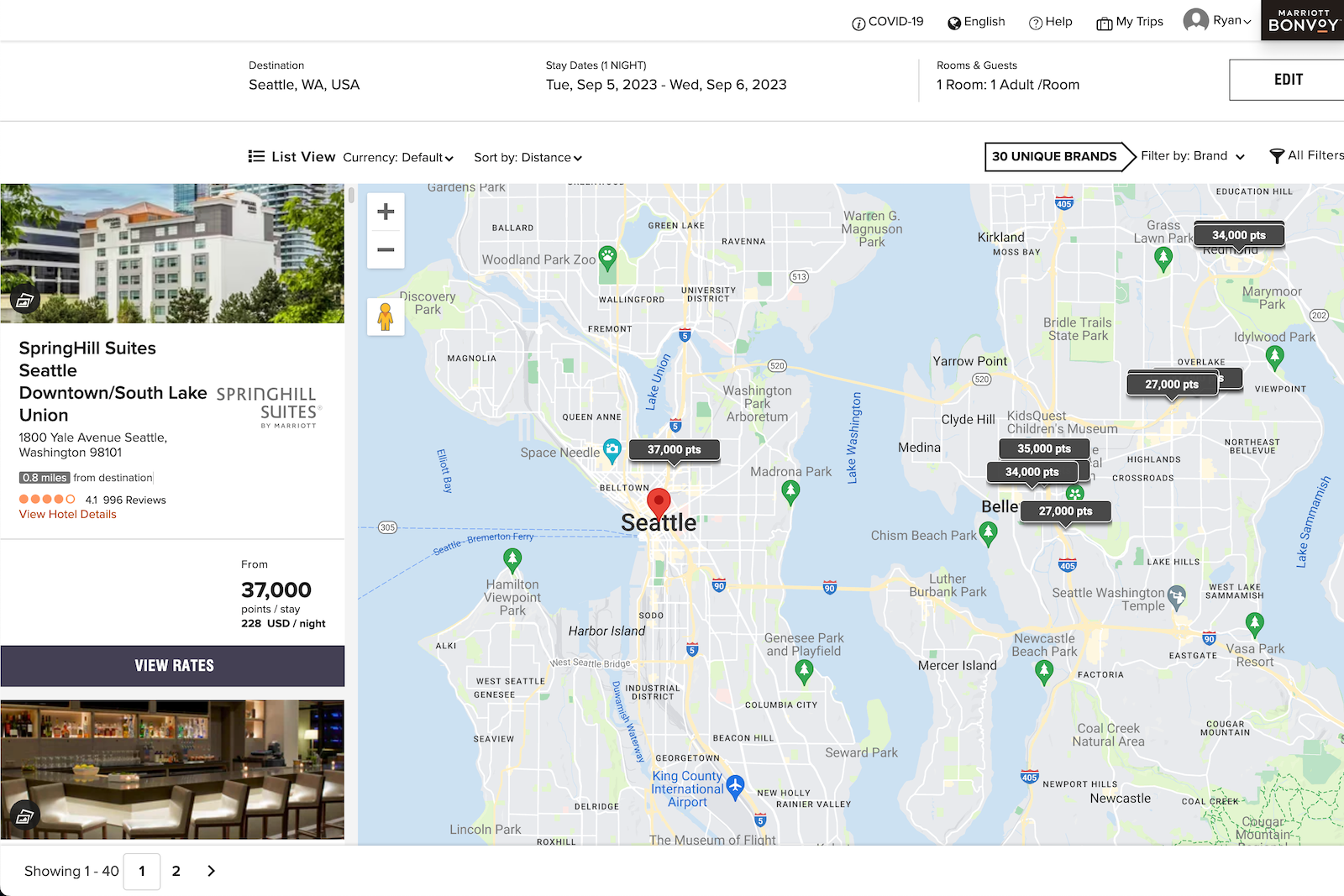 Marriott points search results after filters are applied