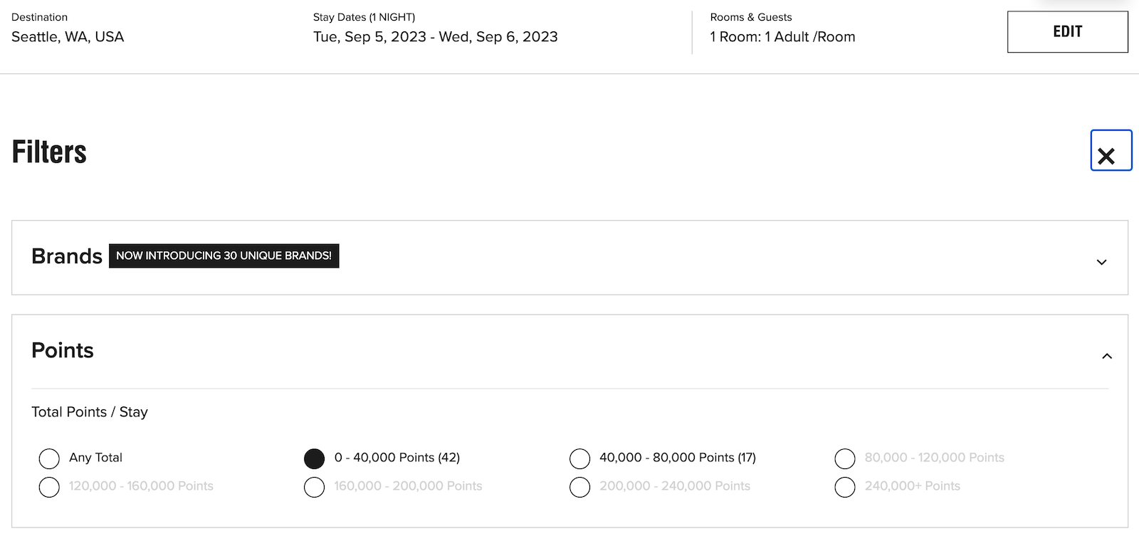 filter options on Marriott website