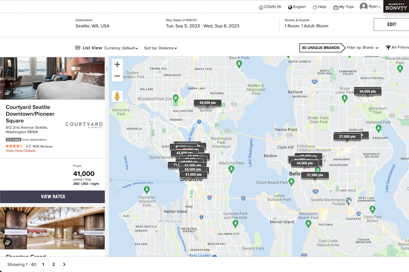 hotel search results with Marriott points