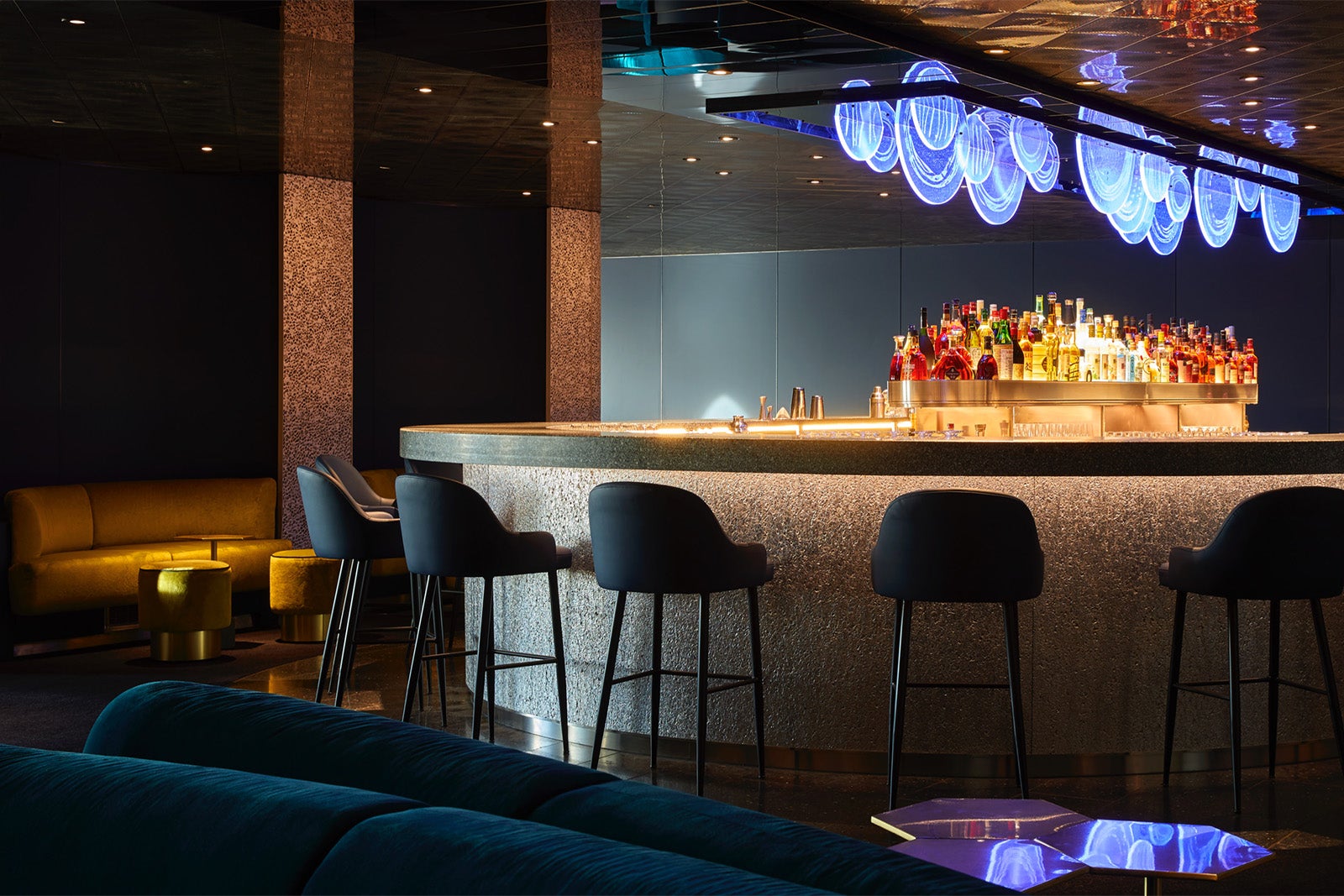 Dimly lit cocktail bar on a cruise ship