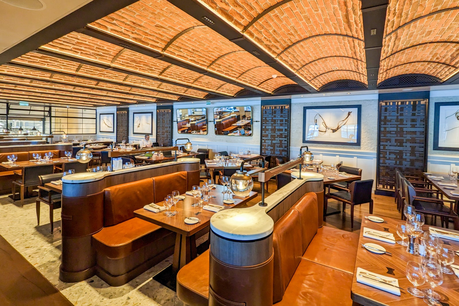 Brick-style ceiling in cruise ship American restaurant