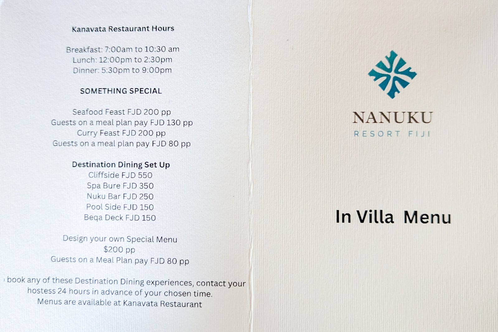 Nanuku Fiji in-room menu