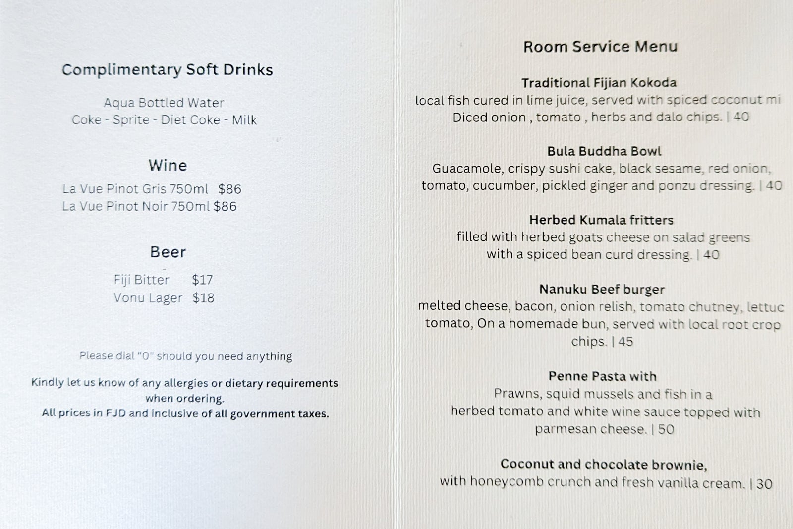 Nanuku Fiji in-room menu