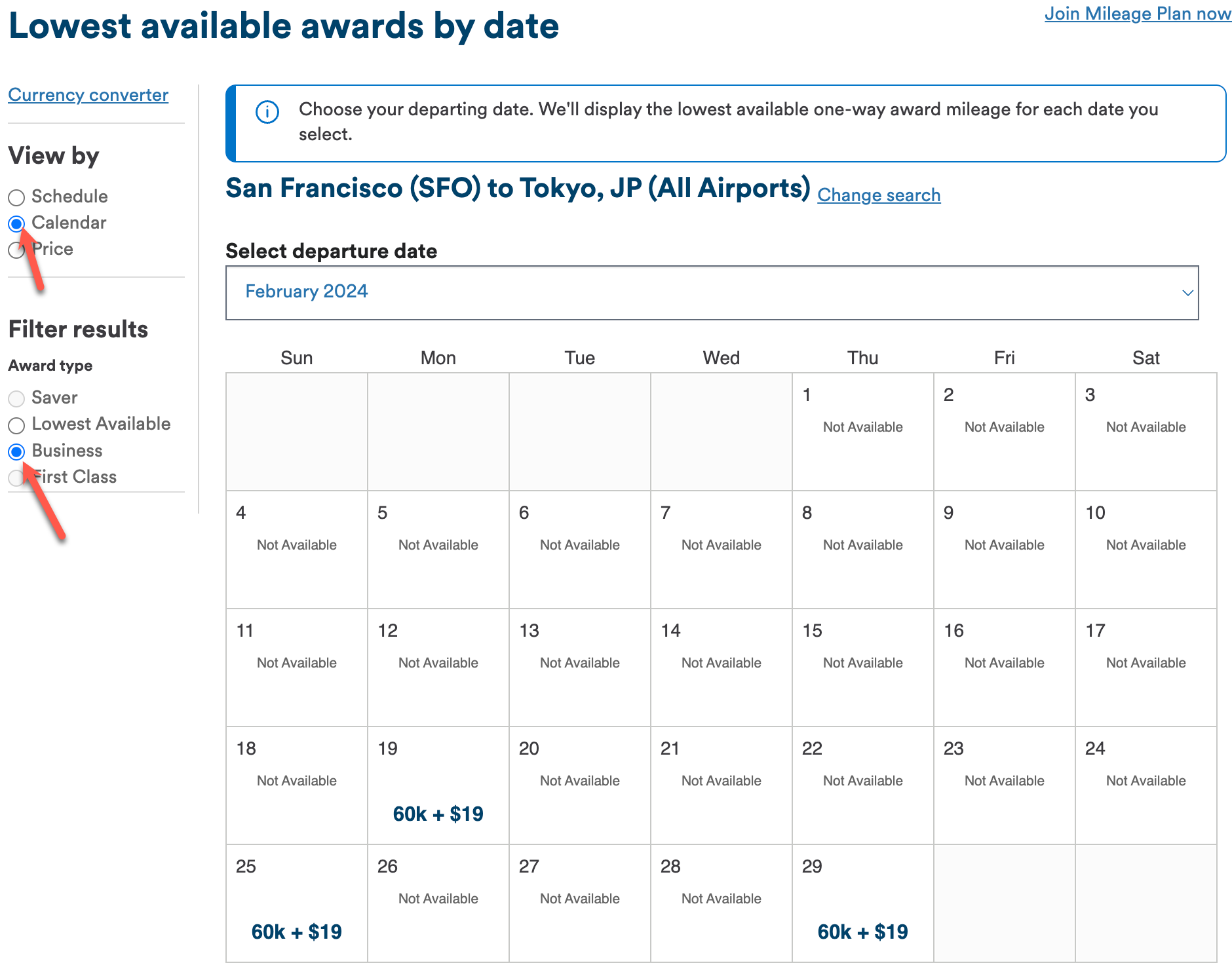 Alaska Airlines Mileage Plan calendar view