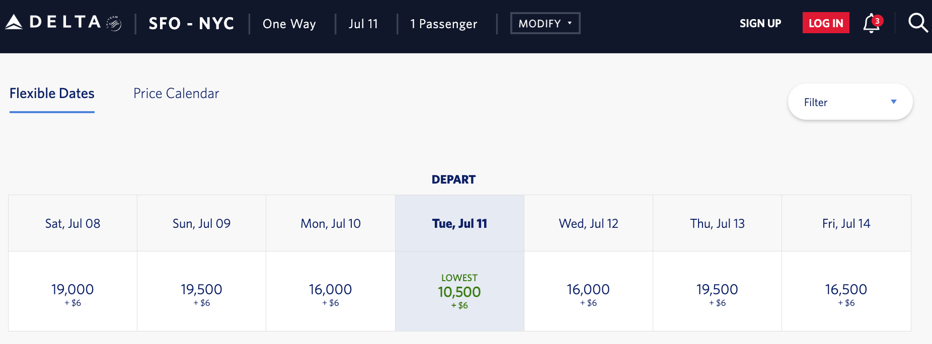 Delta weekly award prices from SFO to NYC