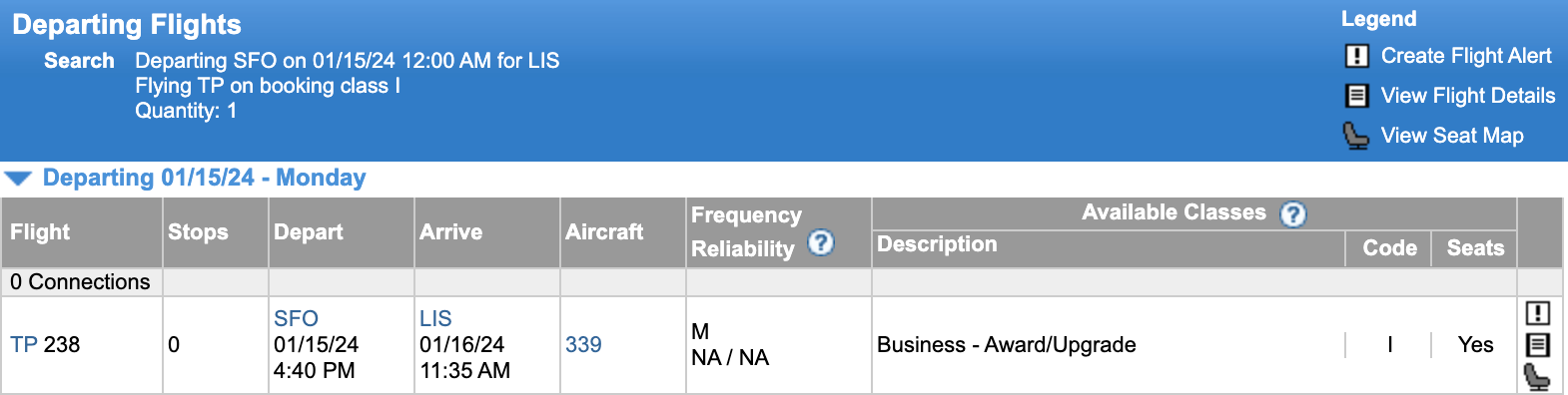 ExpertFlyer SFO to LIS