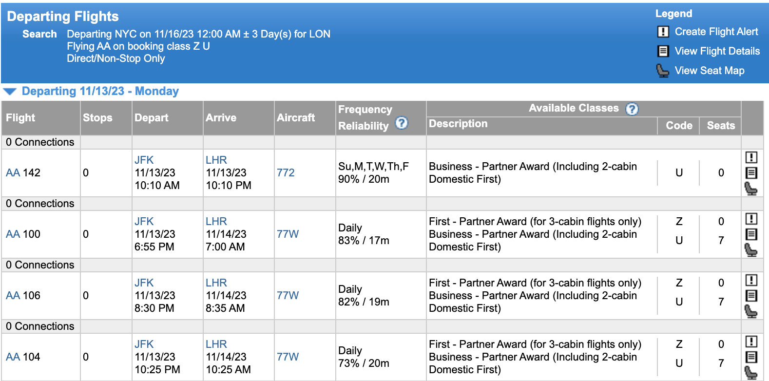 ExpertFlyer award space from JFK to LHR