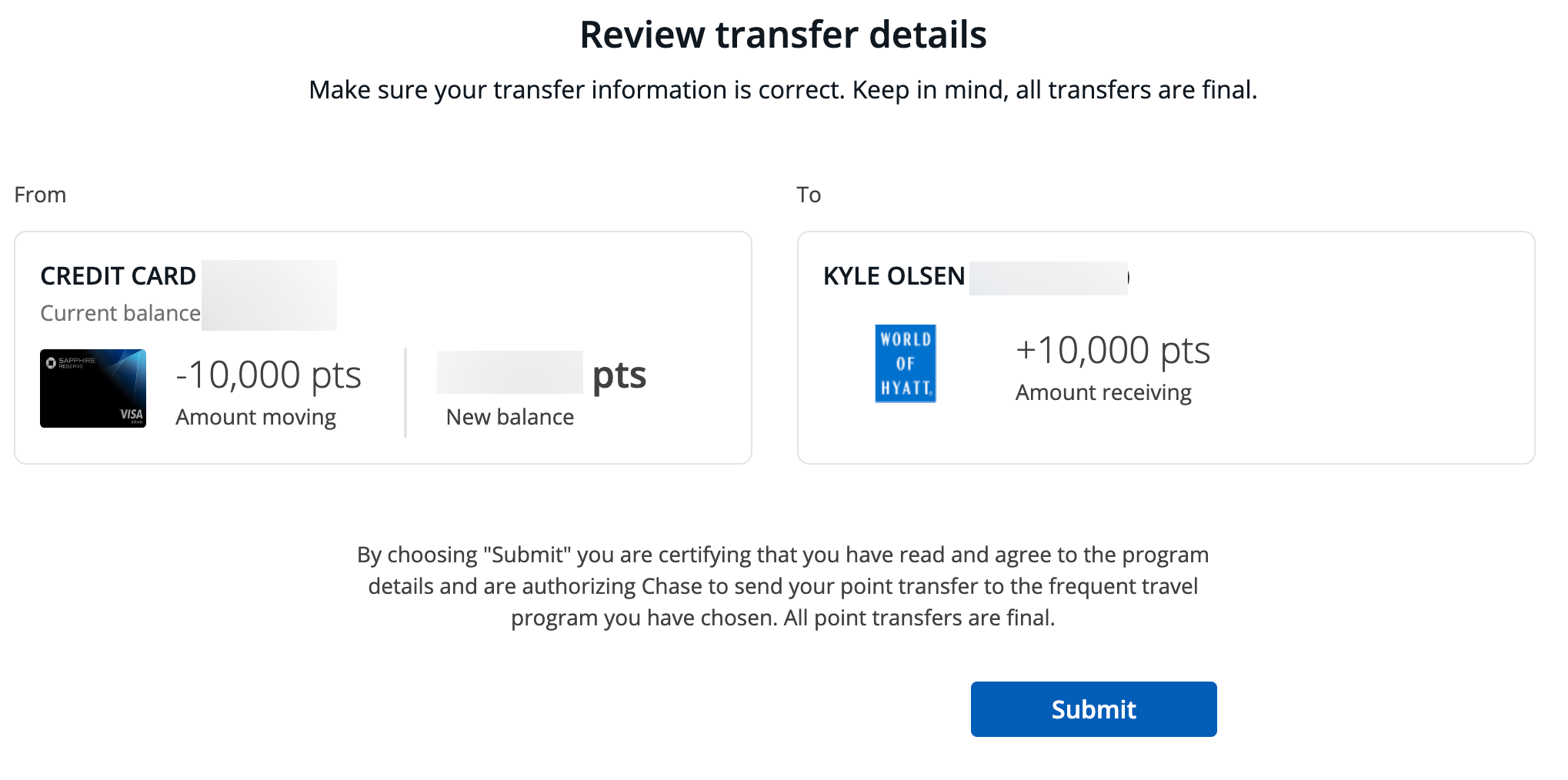 Final transfer Chase points to Hyatt