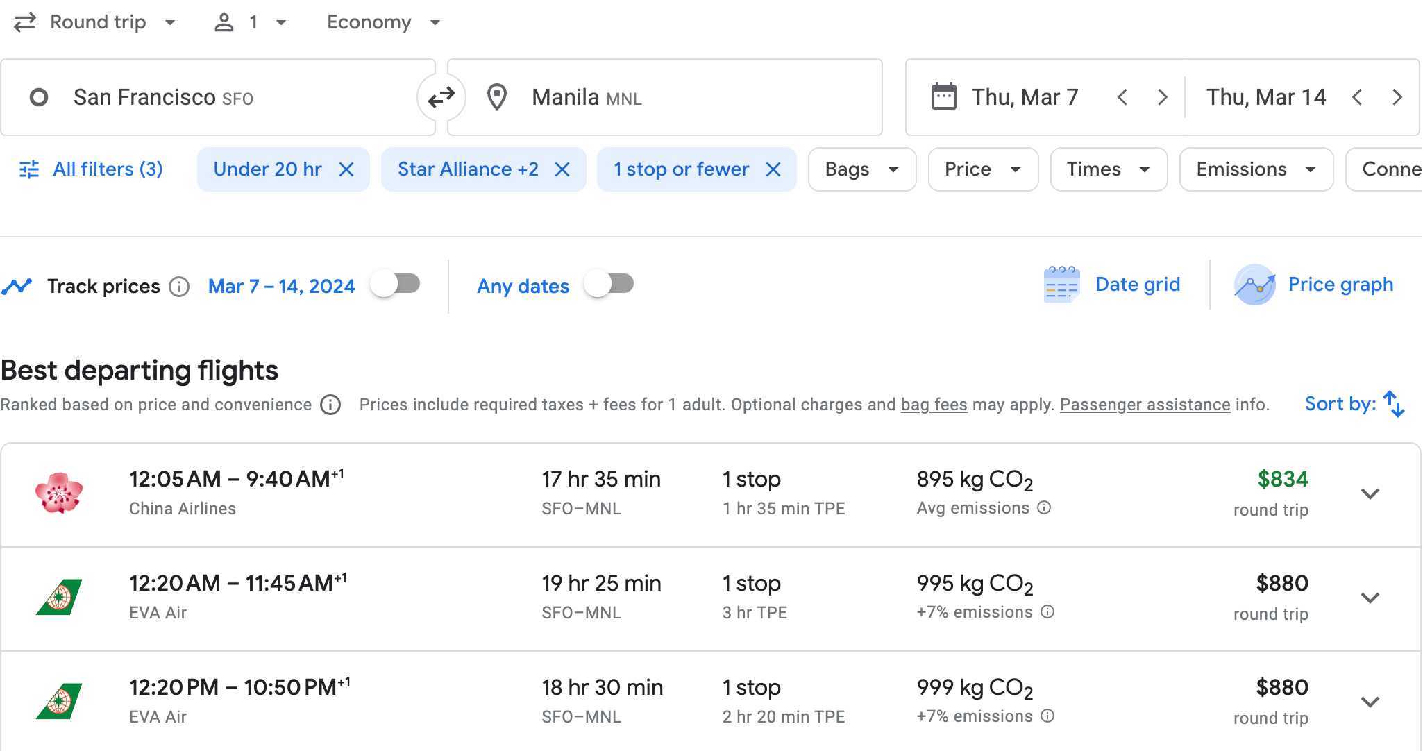 Google Flights search from SFO to MNL