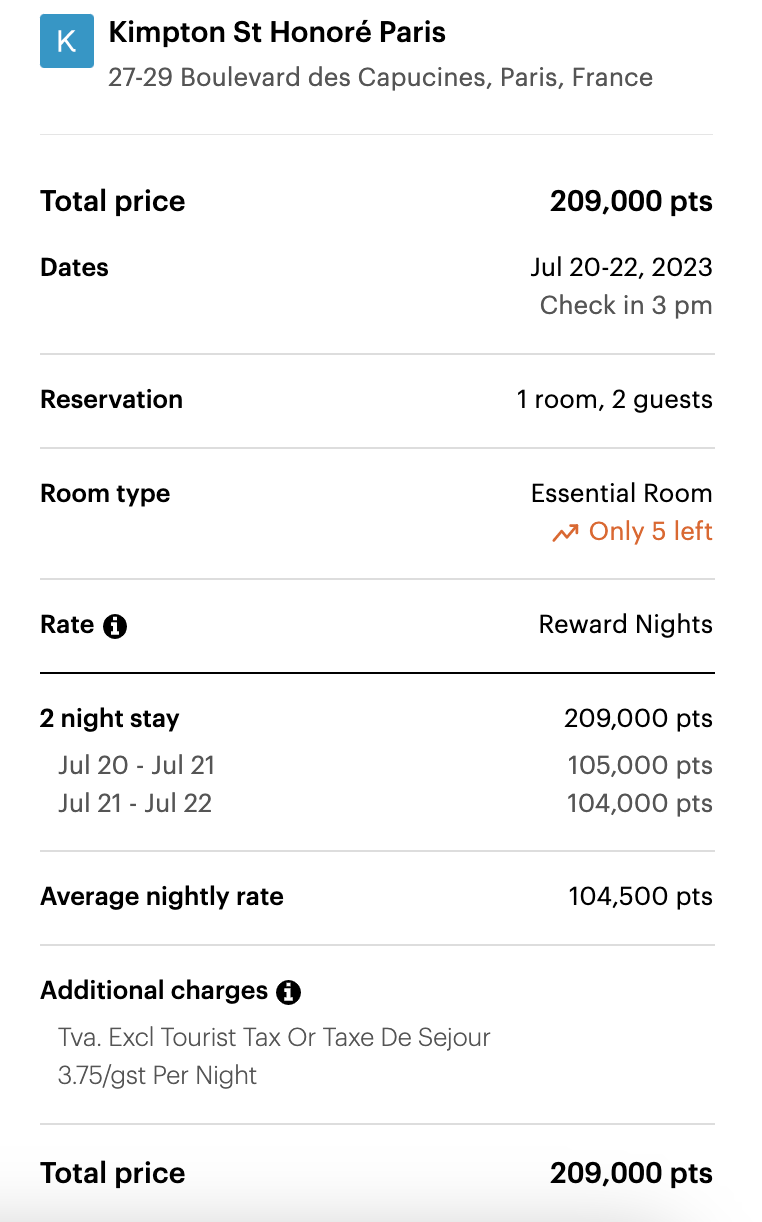 Kimpton St Honore points booking. IHG