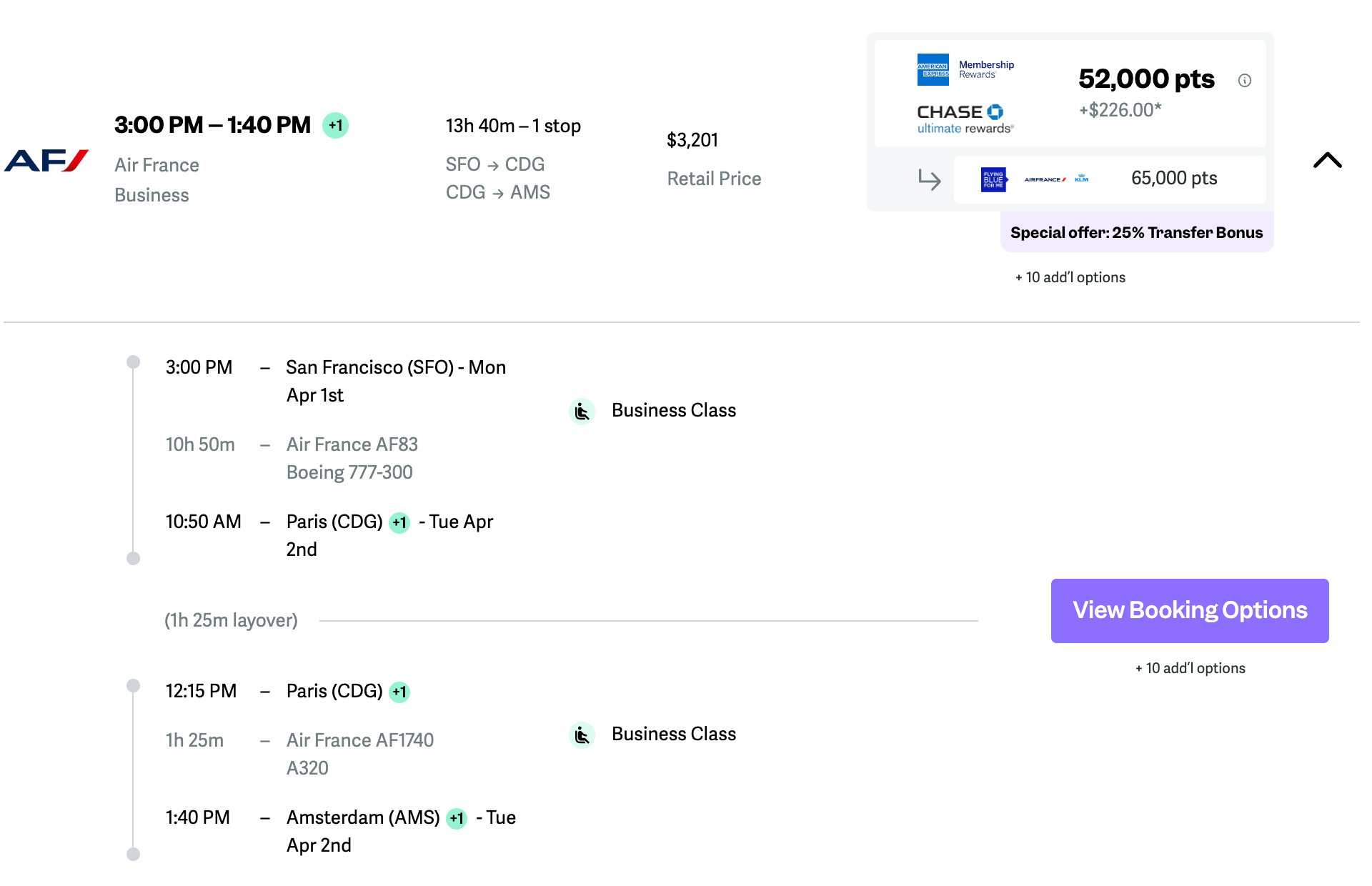 Point.me search from SFO to AMS