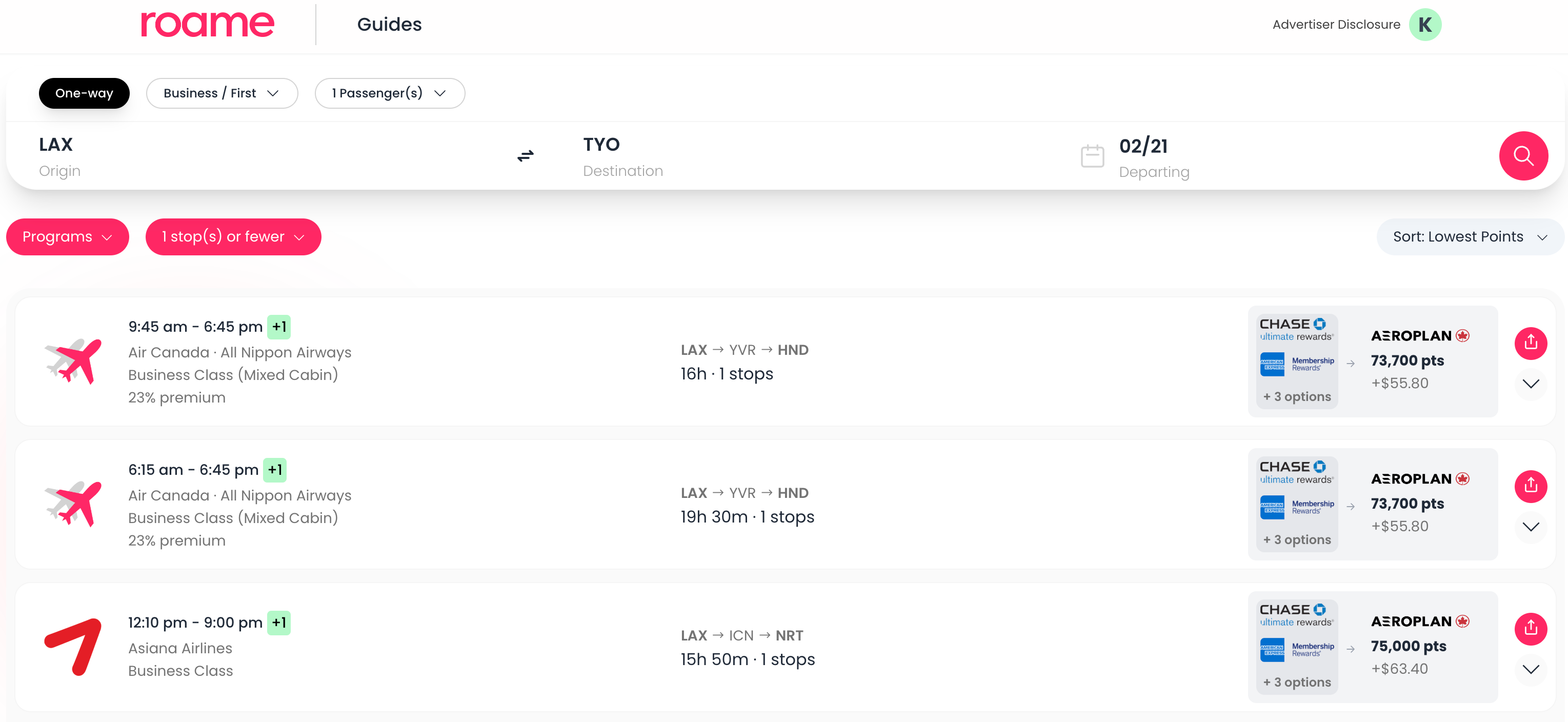 Roame search from LAX to TYO