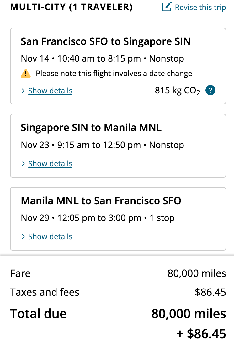 SFO to SIN to MNL United