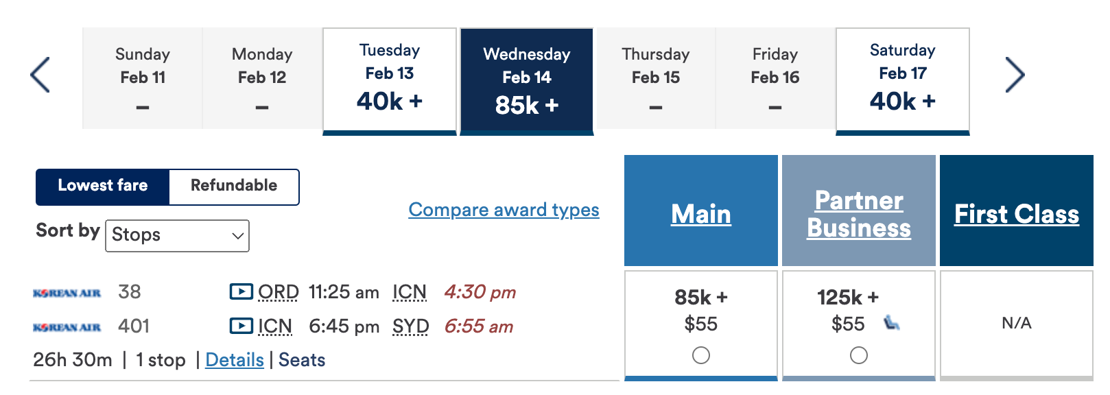 A Korean Air award flight booked through Alaska Airlines Mileage Plan