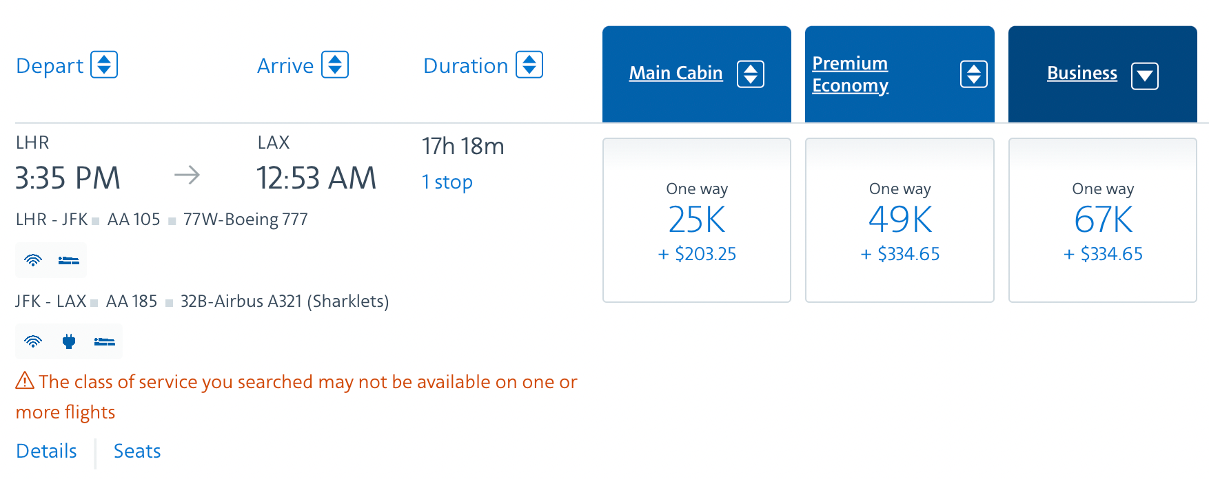 American Airlines one-way award pricing from London Heathrow to Los Angeles