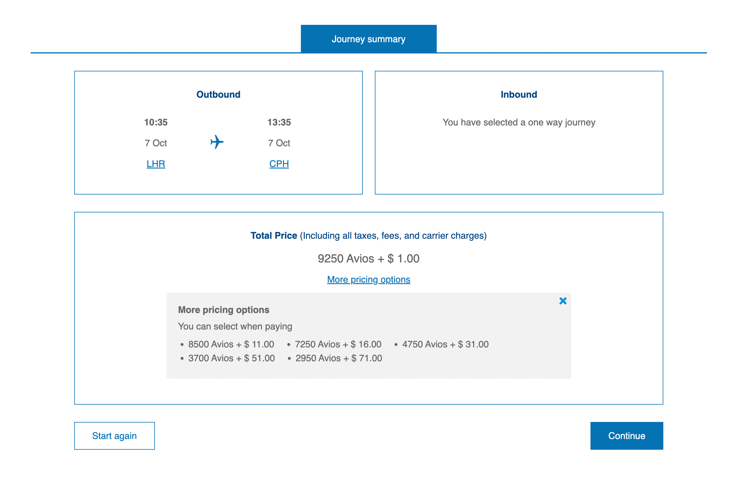 A screen shot of a British Airways award flight pricing from London to Copenhagen