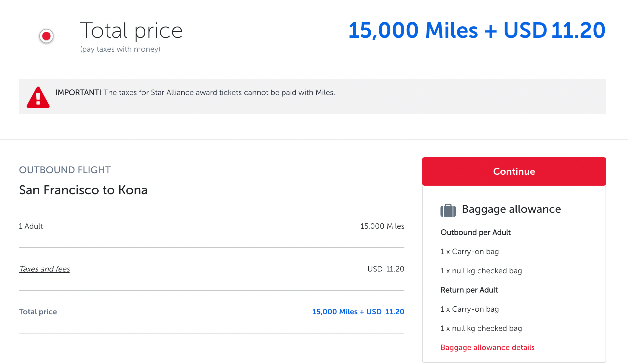 Pricing for a United flight from San Francisco to Kona booked through Turkish Miles and Smiles