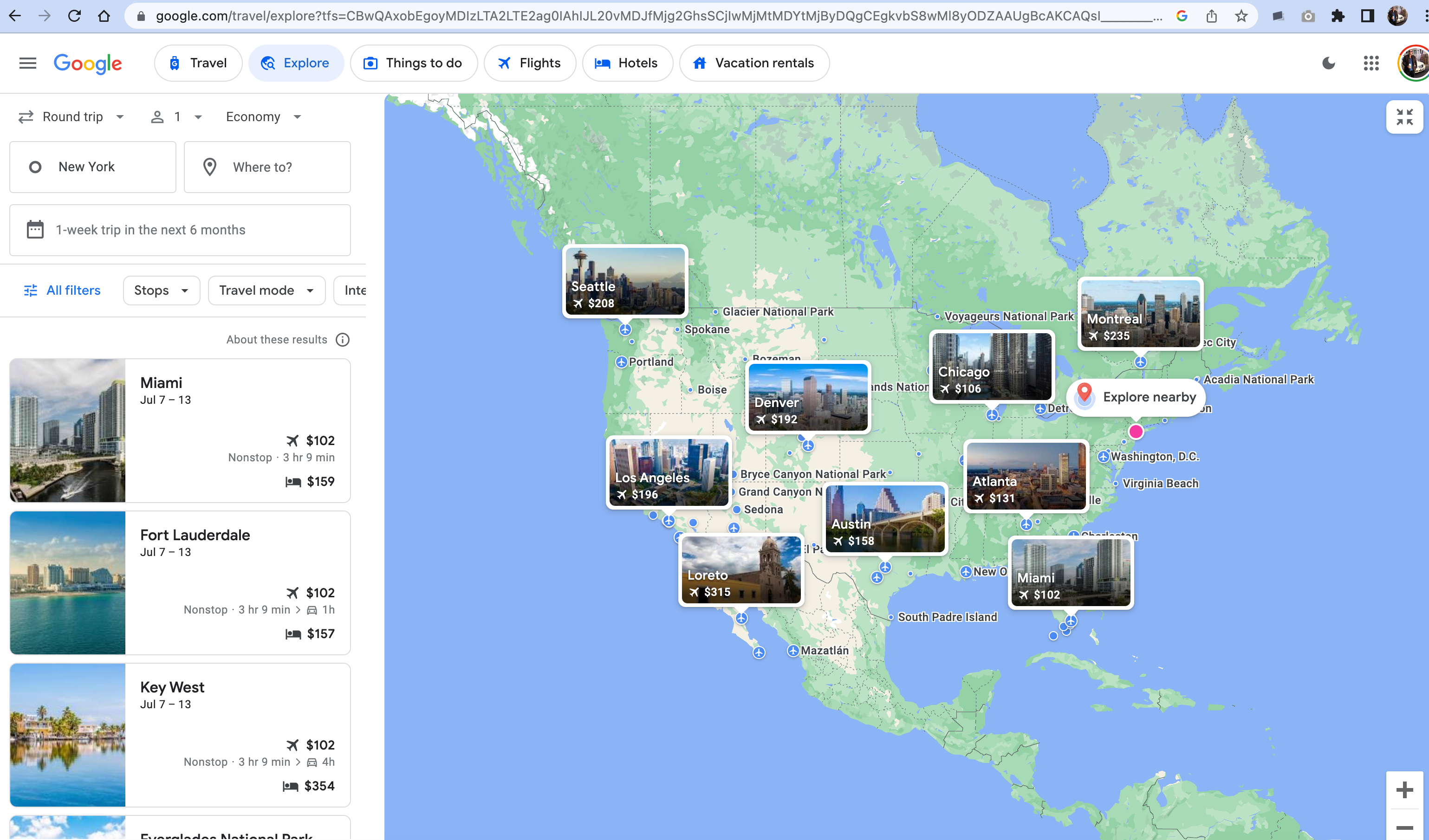 Google Flights Explore page. 