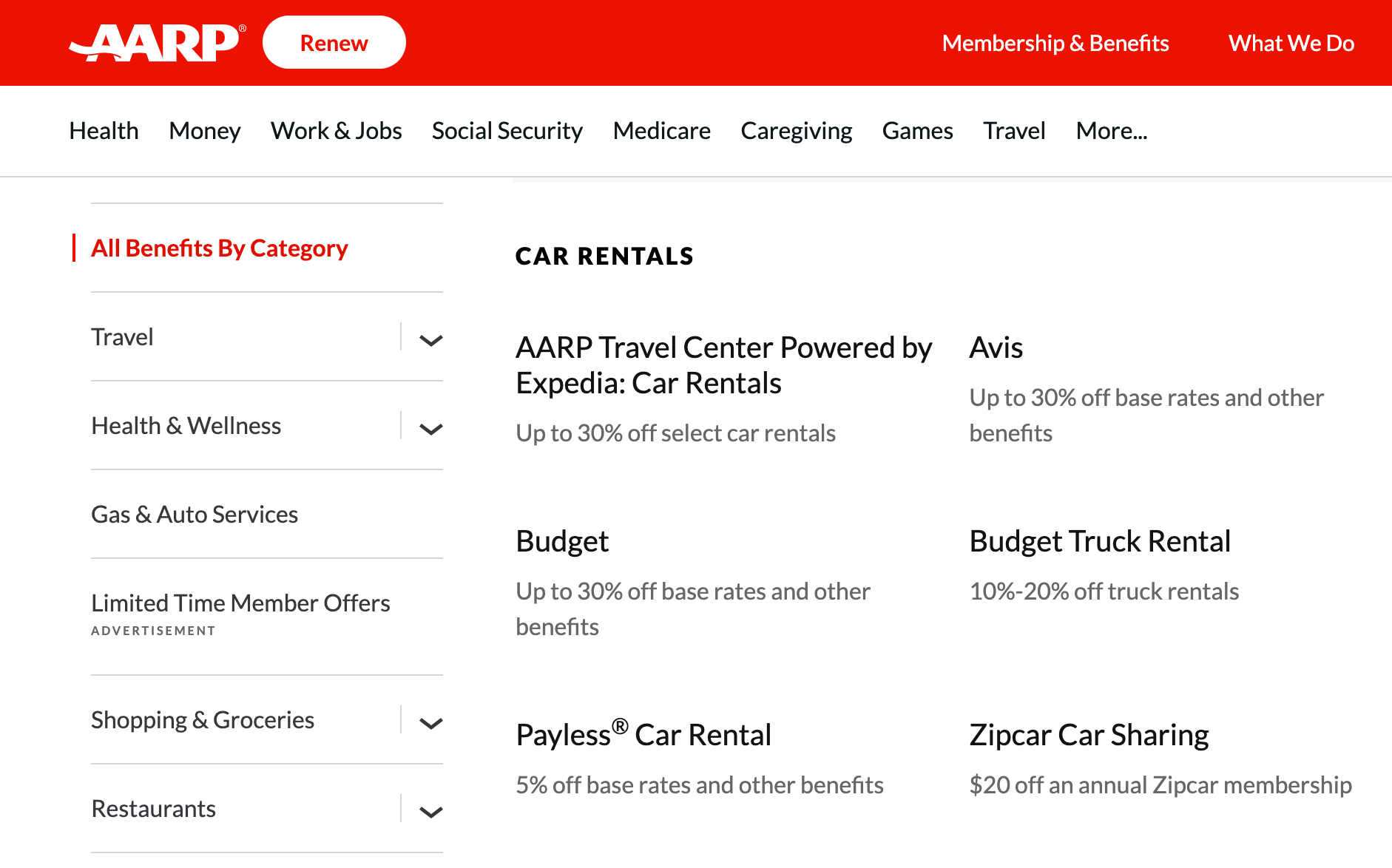AARP web page showing car rental discounts.