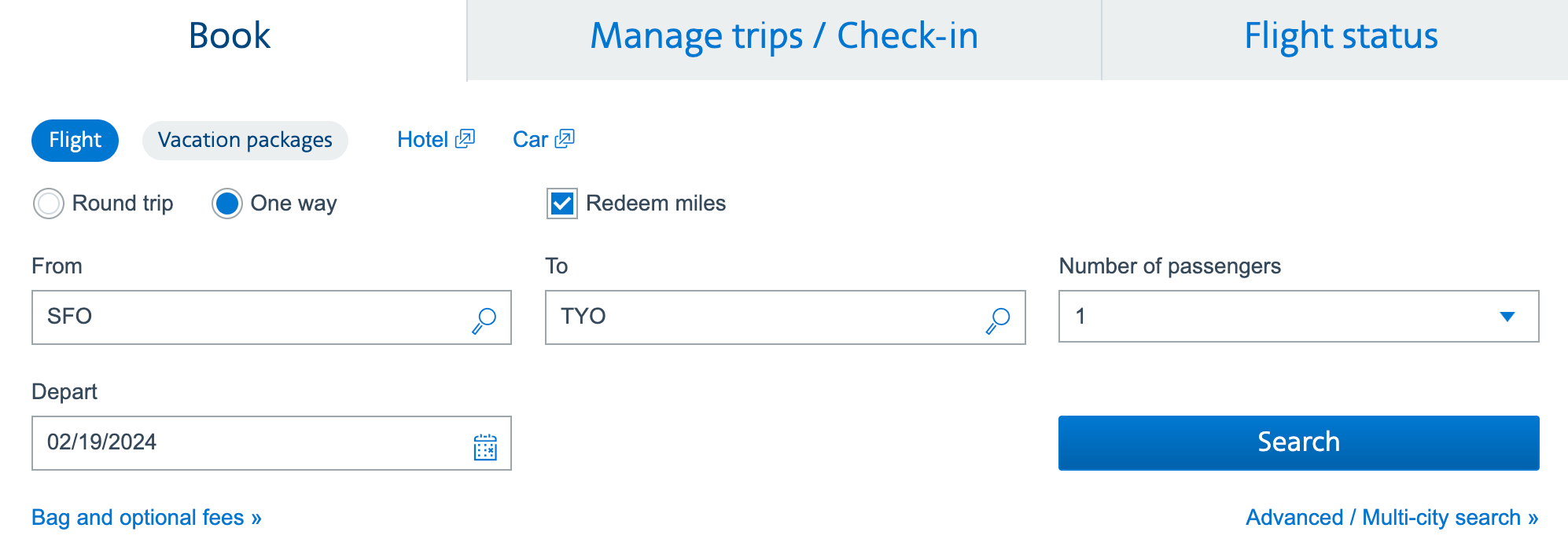 Searching SFO to TYO on American's website