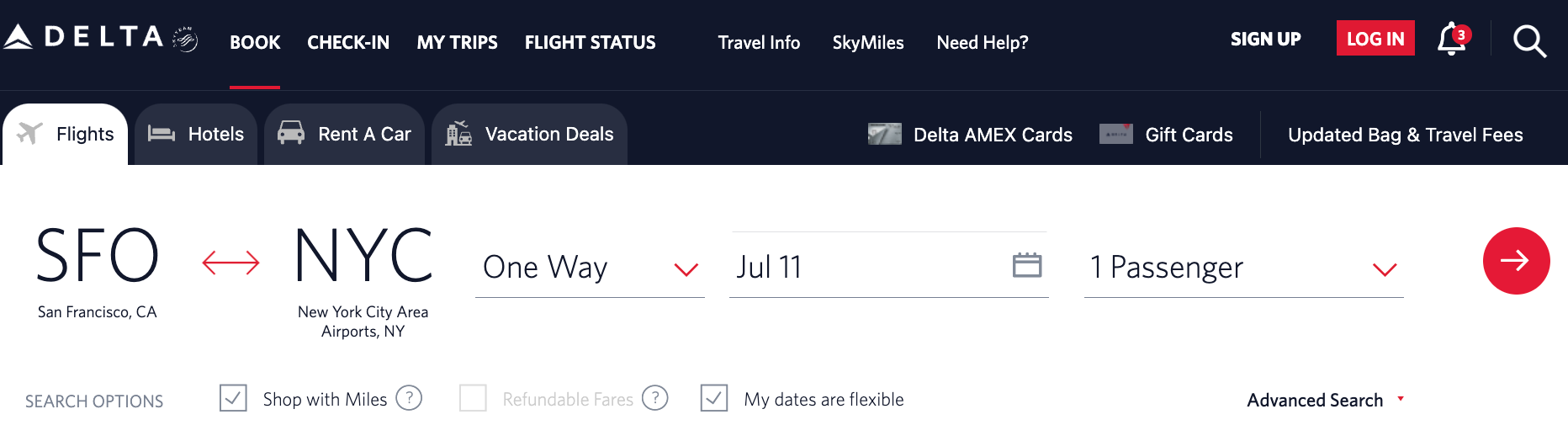 Searching for Delta award space from SFO to NYC