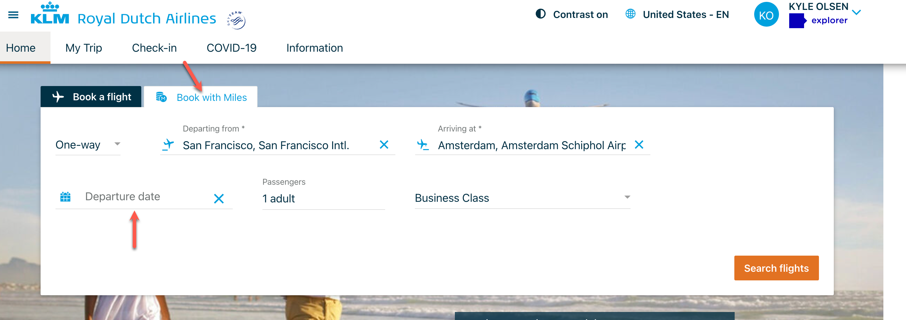 Searching for award space on KLM's website