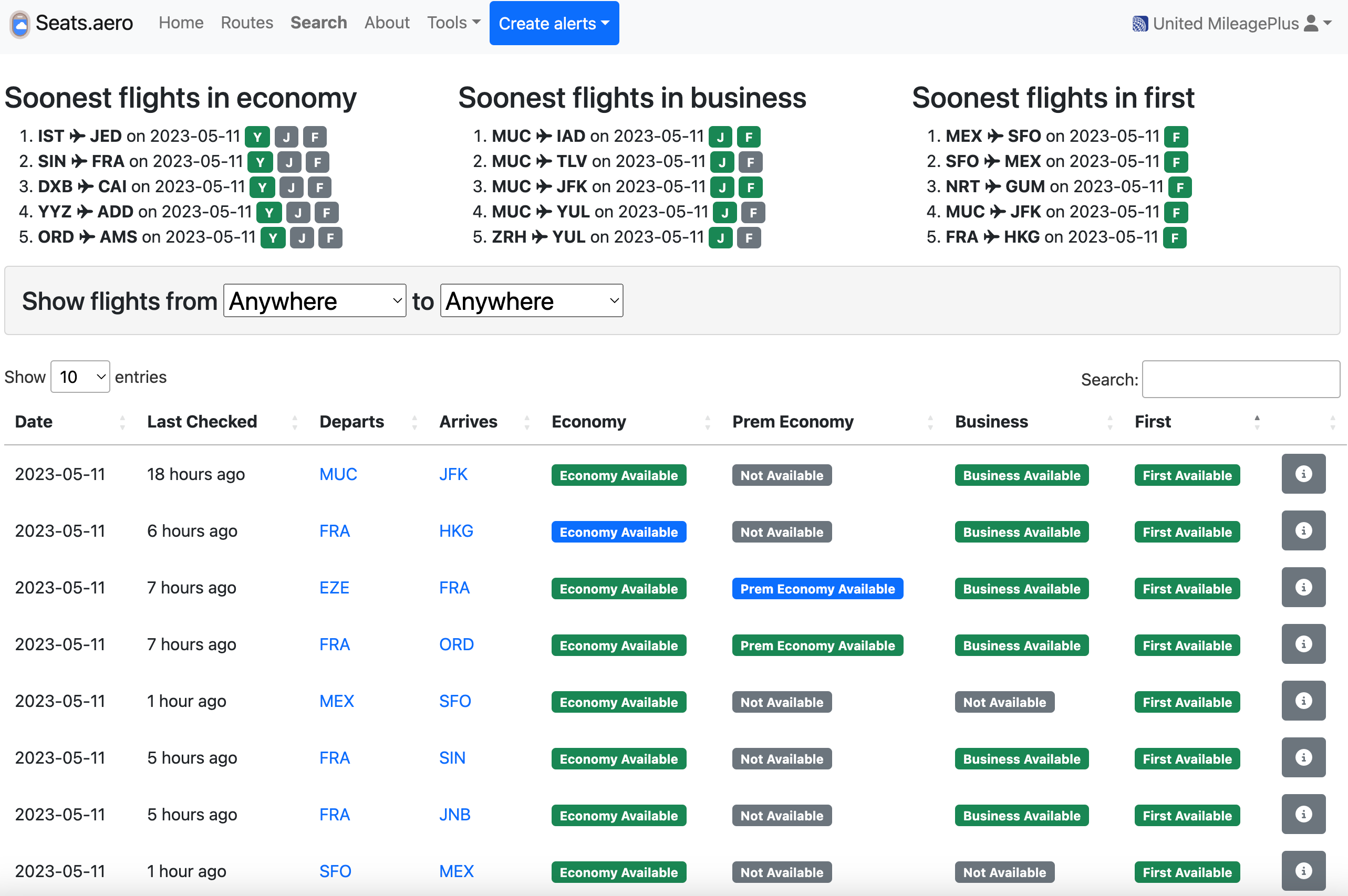 Seats.aero homepage