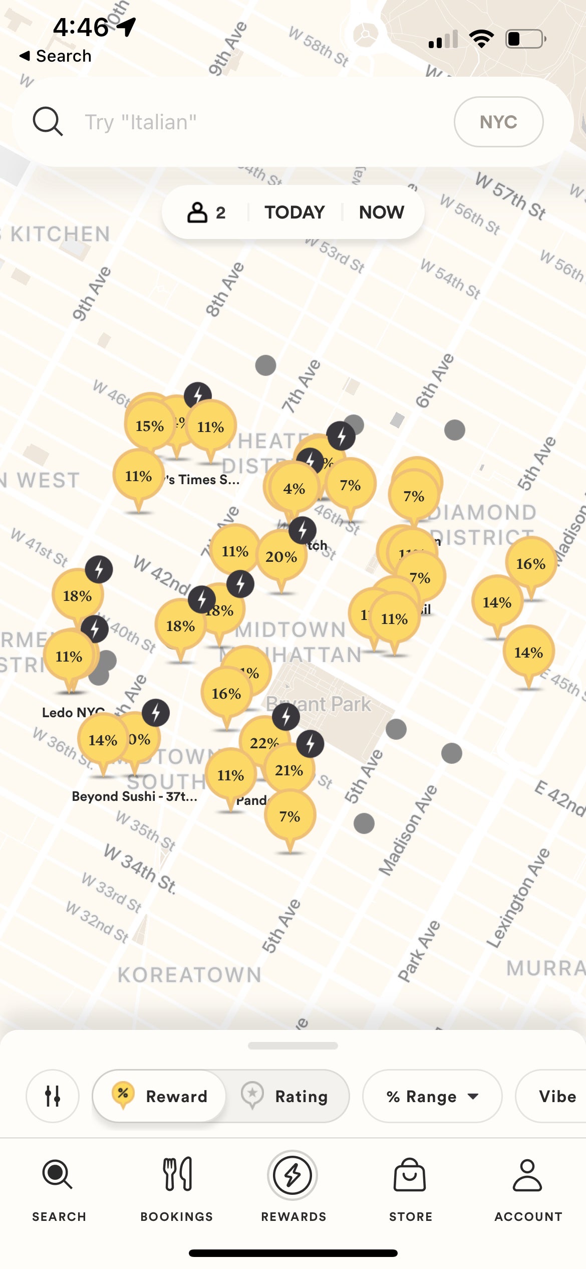 View of New York City restaurants on Seated App.
