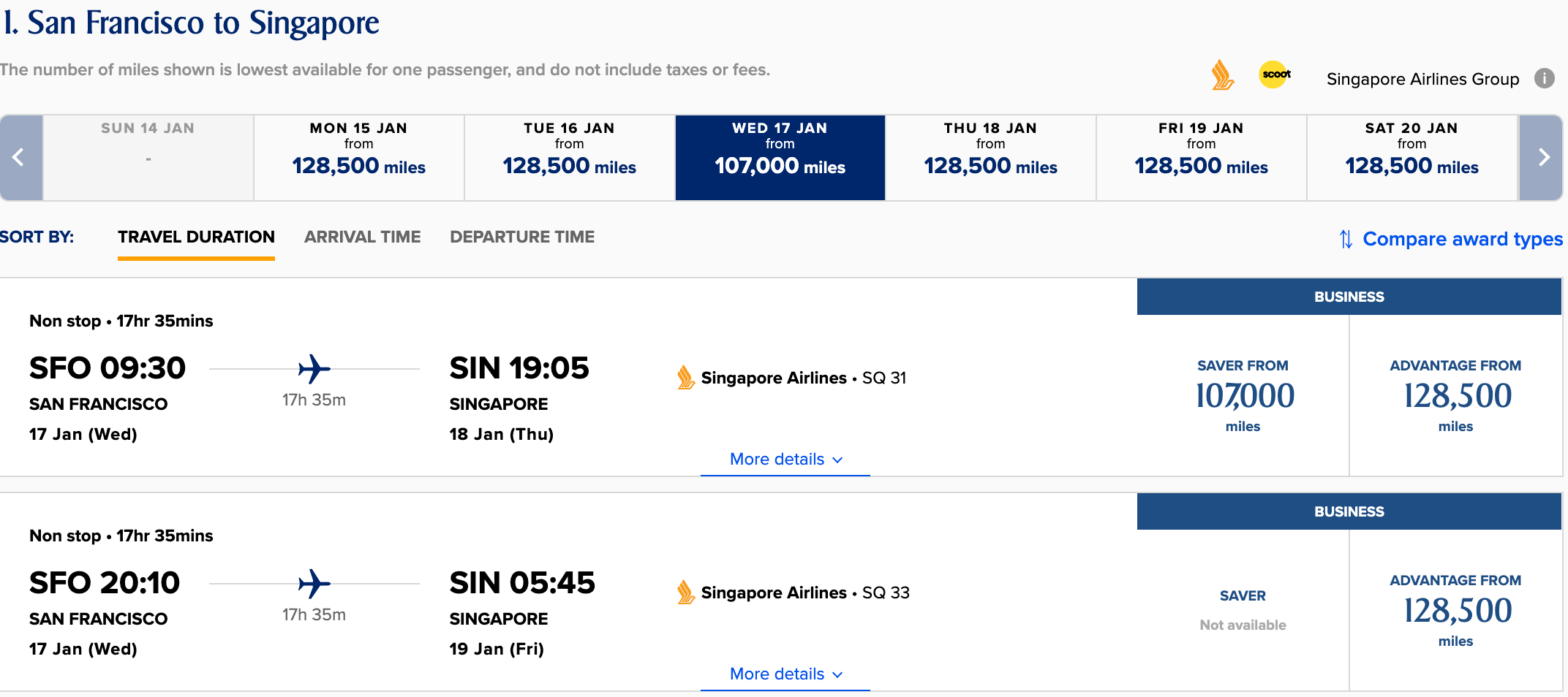 Singapore Airlines award space from SFO to SIN