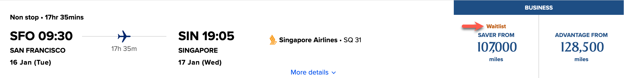 Singapore Airlines waitlisted award