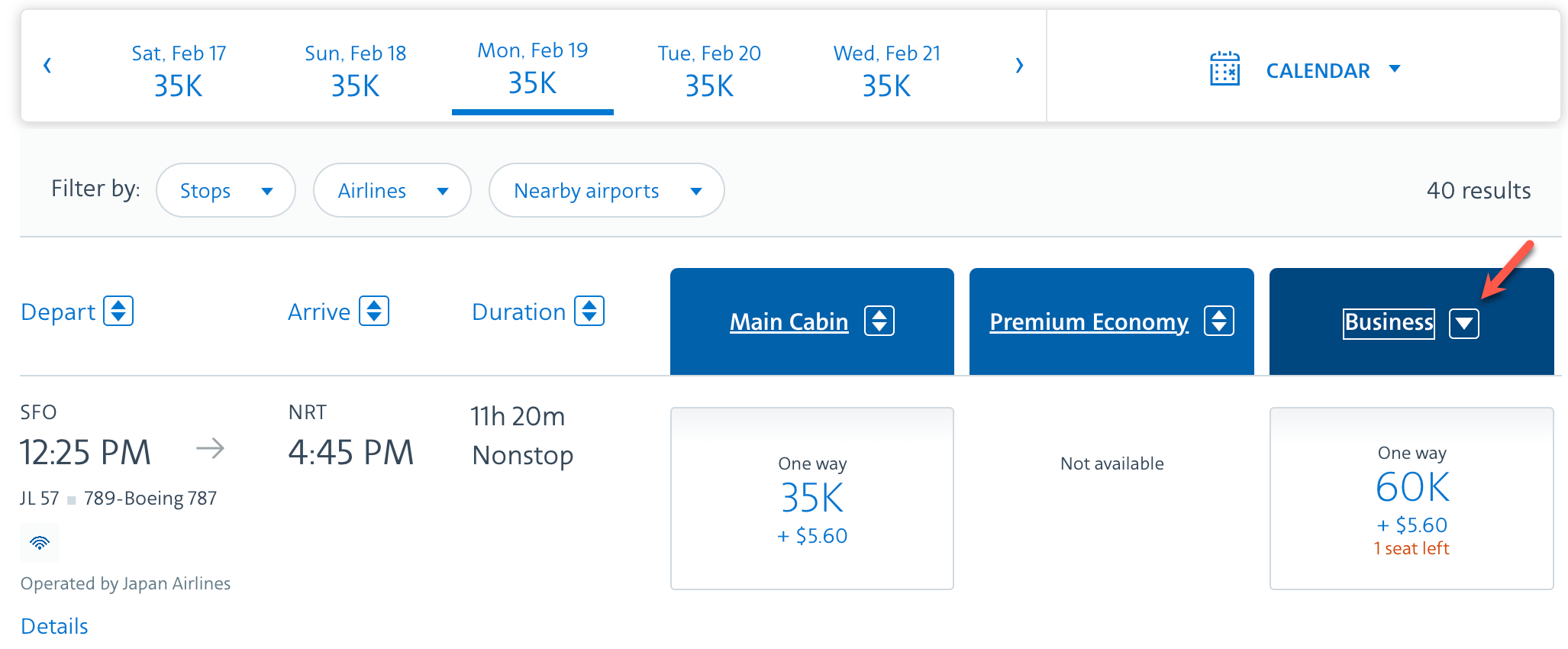 Sort business class American Airlines